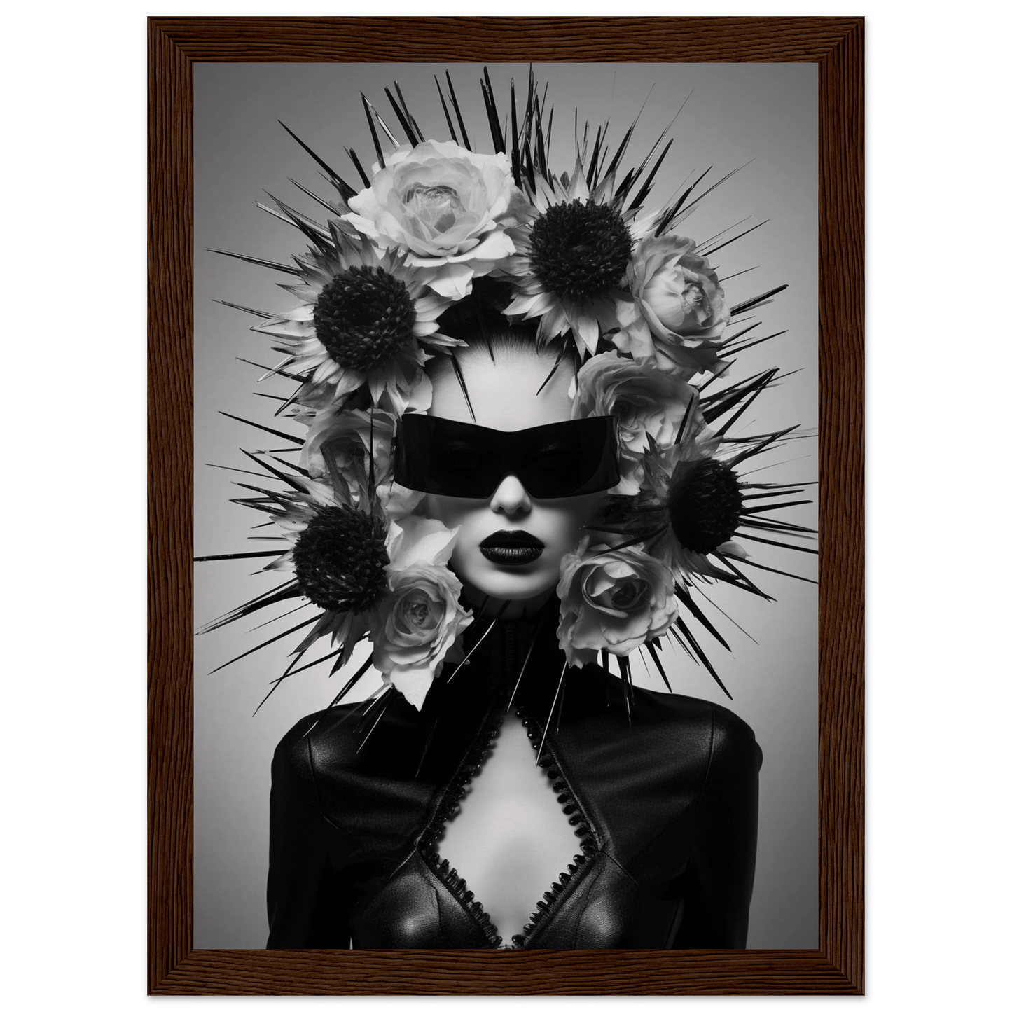 Striking black and white portrait of a figure wearing sunglasses and an elaborate floral headdress with spiky protrusions.