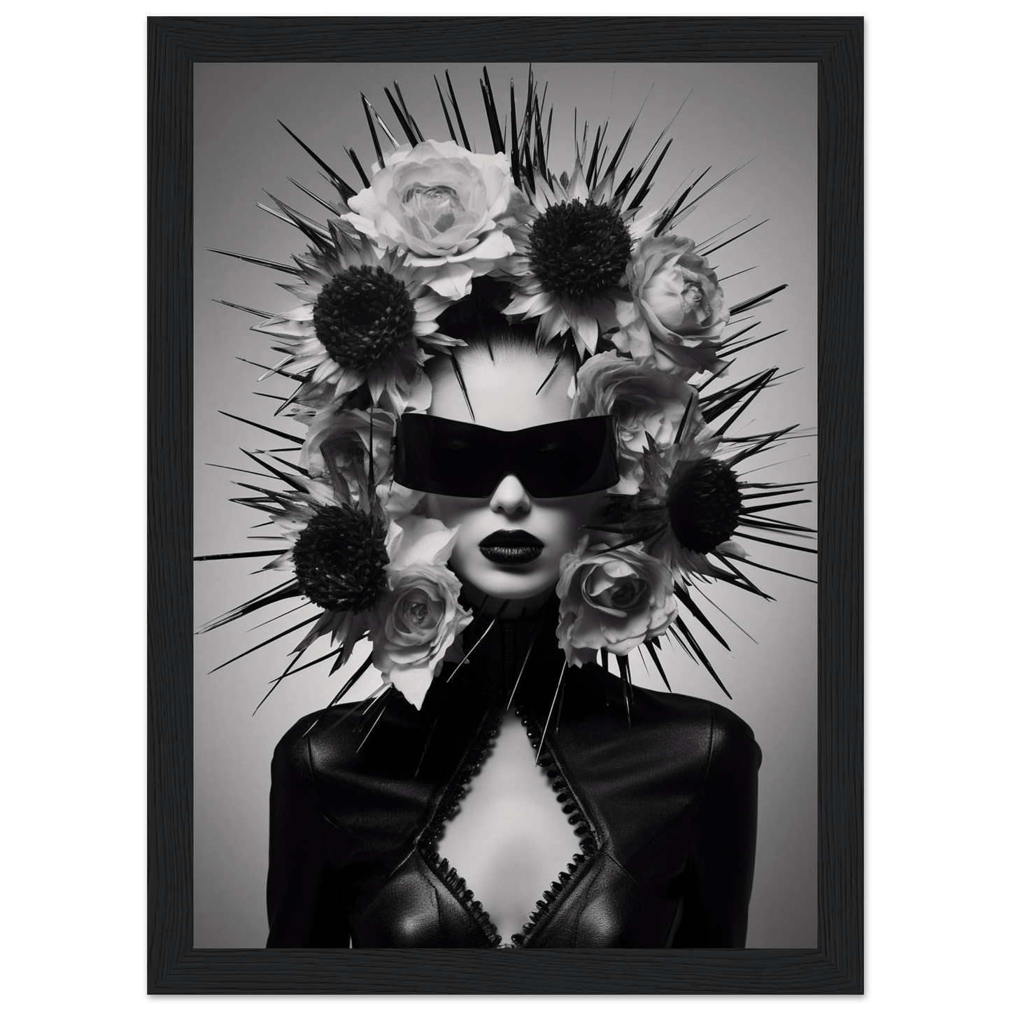 Striking black and white portrait featuring a figure adorned with an elaborate floral and spiked headdress, wearing dark sunglasses and a revealing outfit.