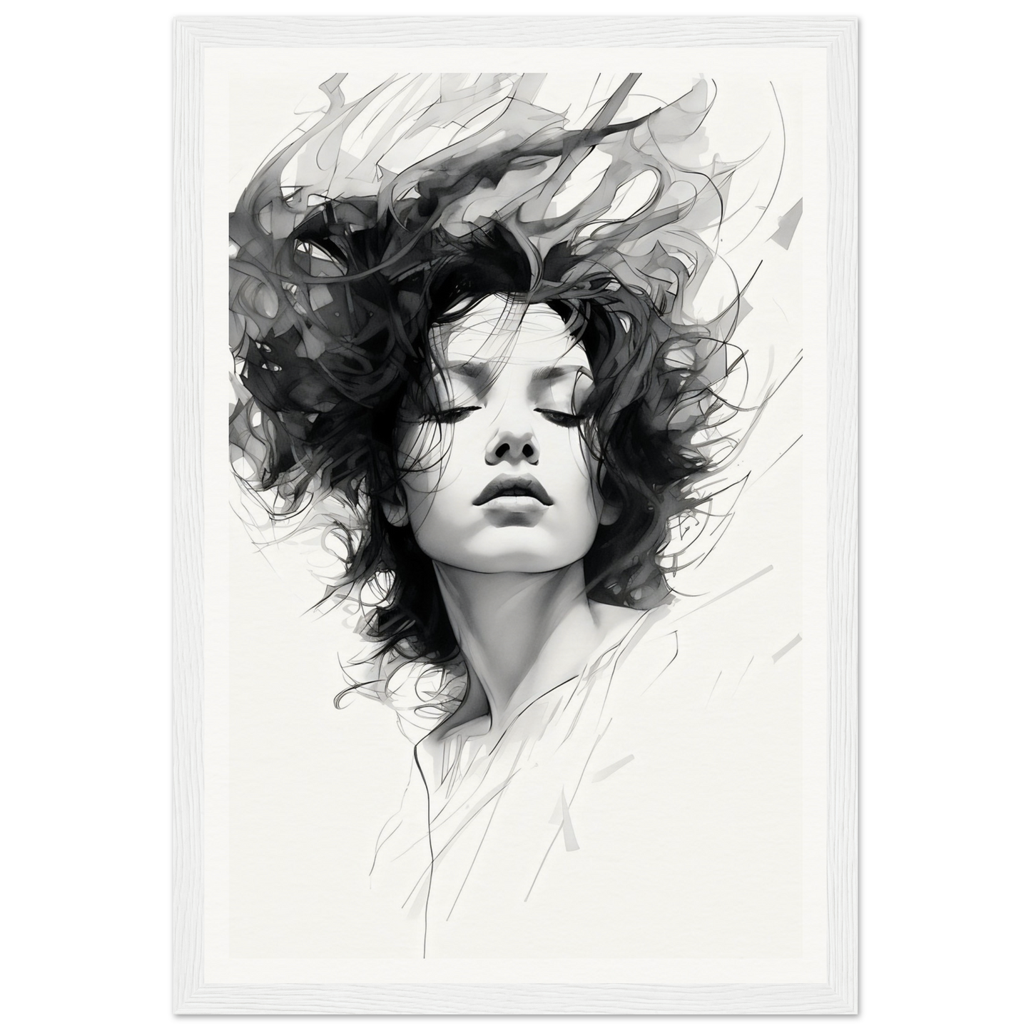A black and white illustration of a woman with her hair blowing in the wind