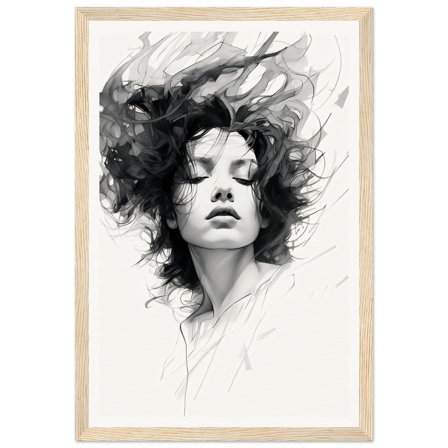 A black and white illustration of a woman with her hair blowing in the wind