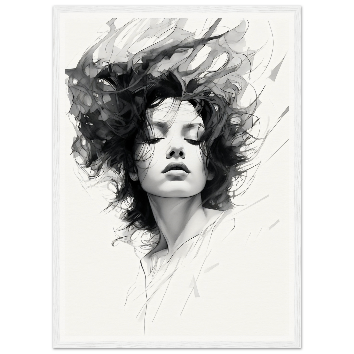 A black and white illustration of a woman with her hair blowing in the wind