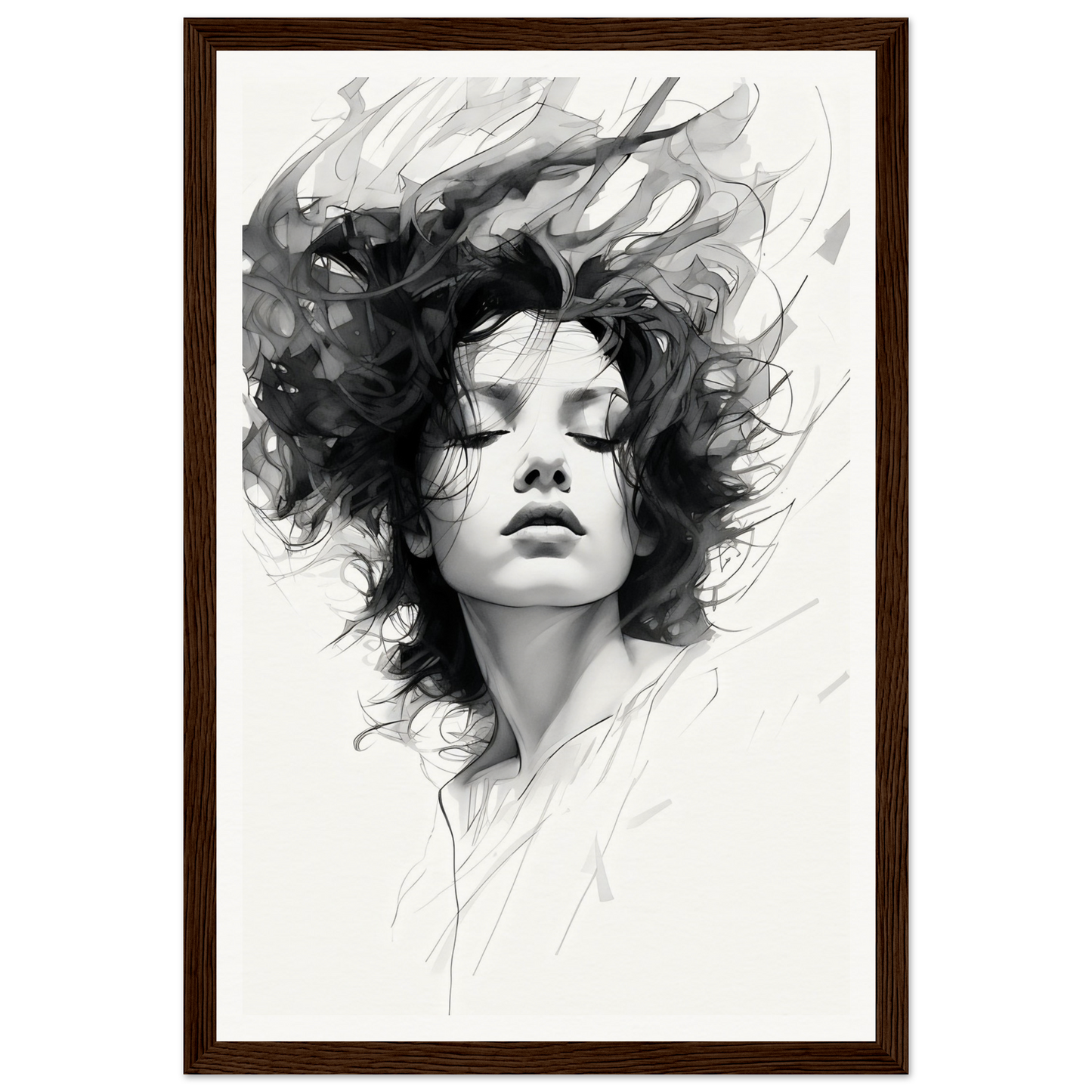 A black and white painting of a woman with her hair blowing in the wind