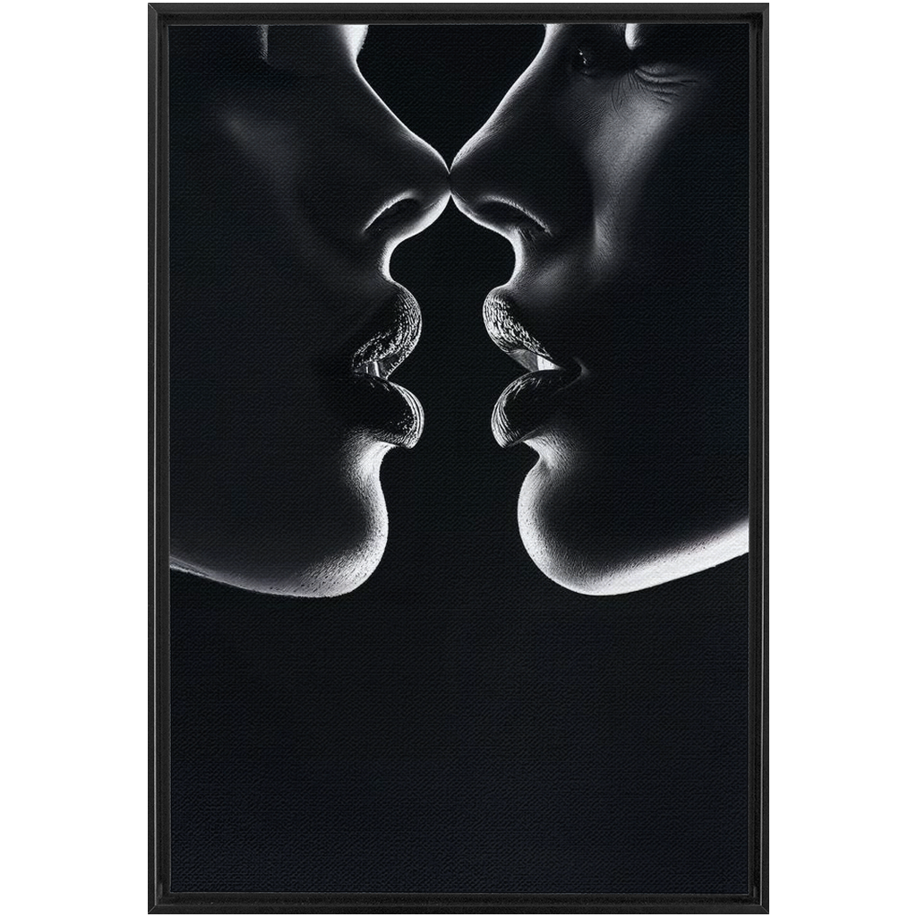 A black and white photo of two people kissing