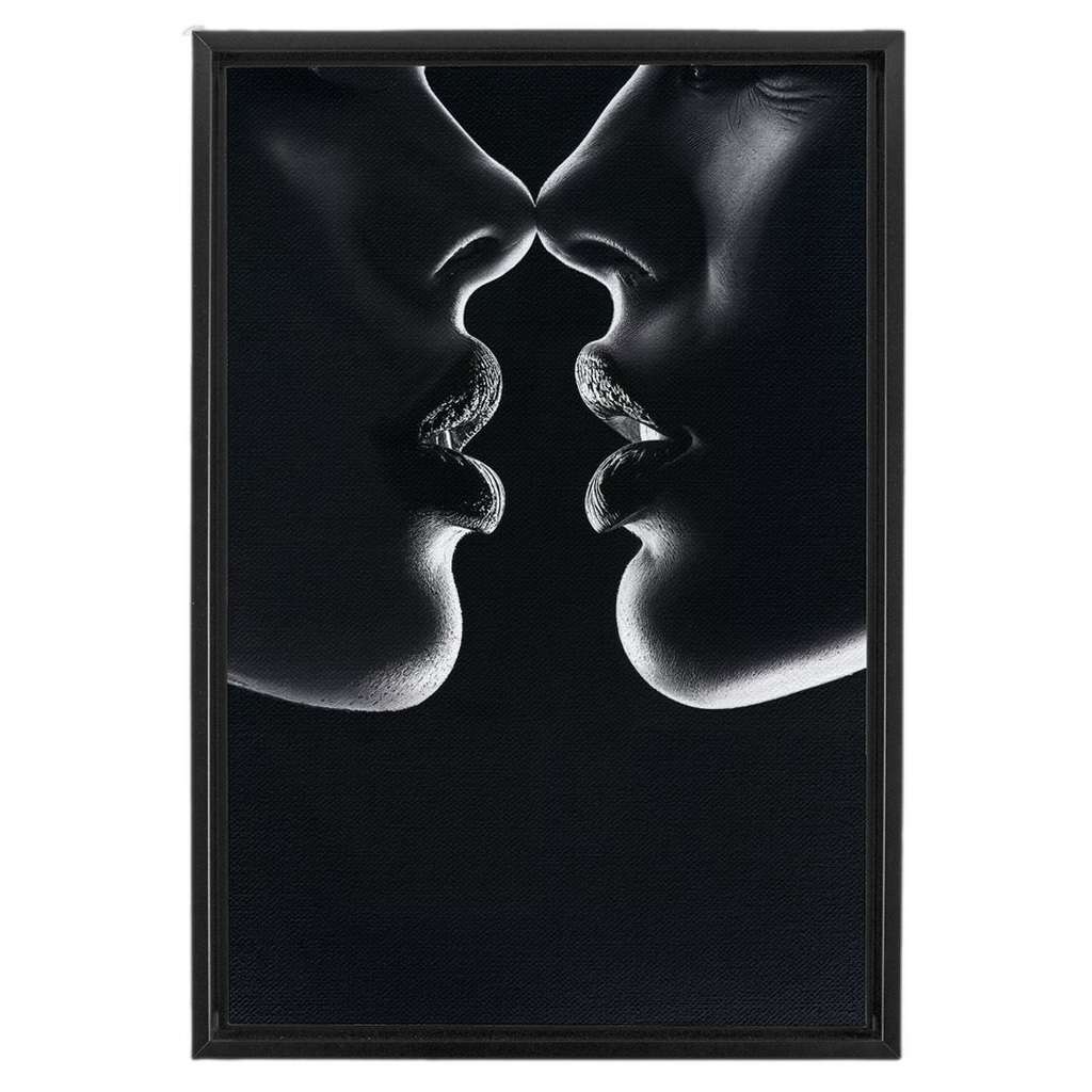 A black and white photo of two people kissing