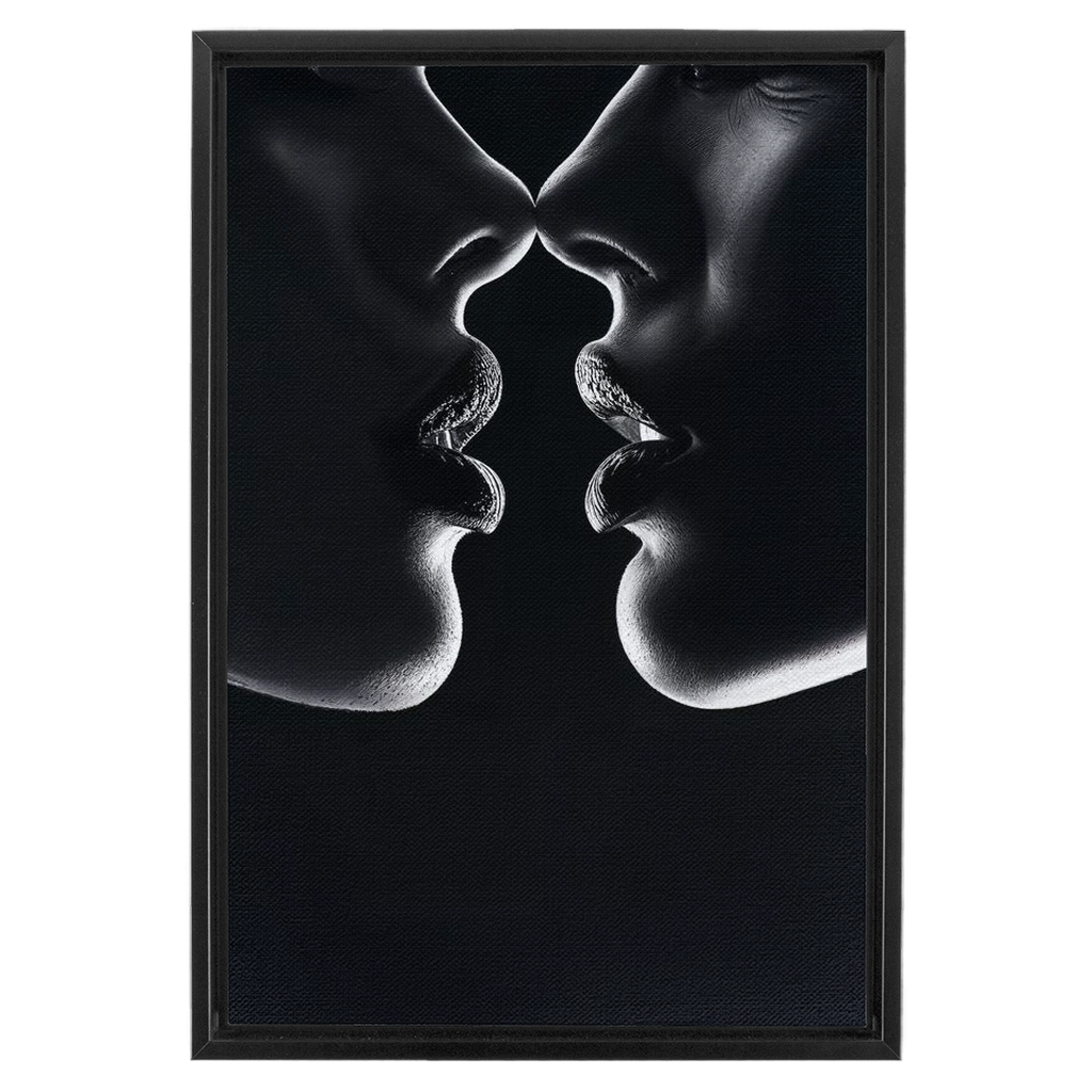 A black and white photo of two people kissing