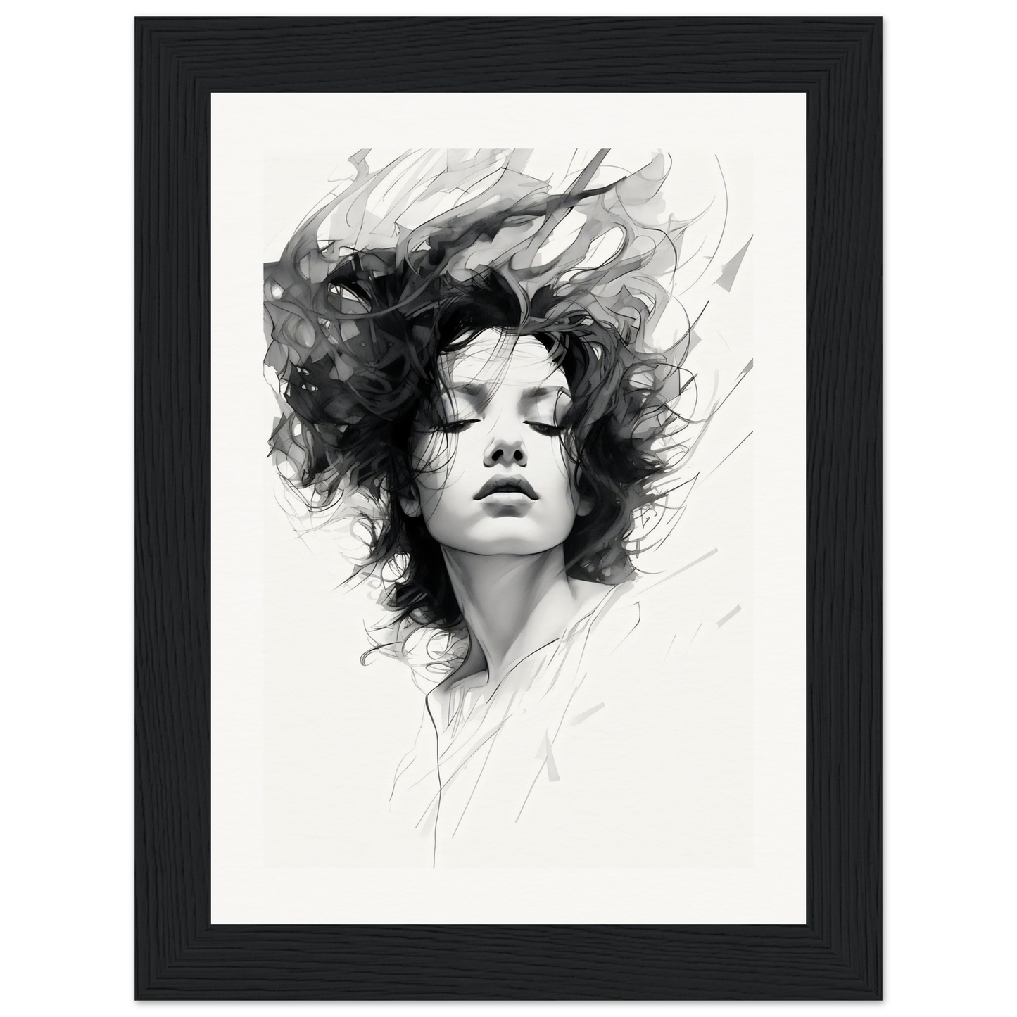 A black and white photo of a woman with her hair blowing in the wind