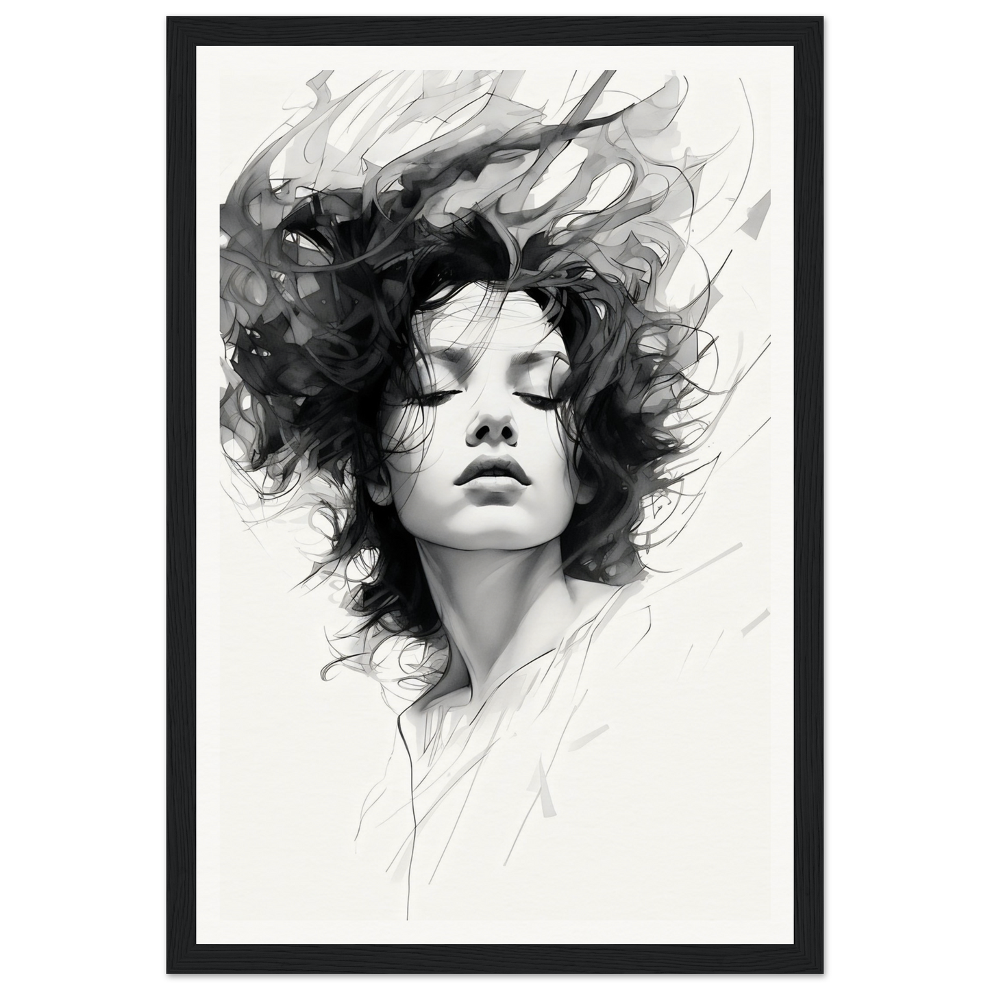 A black and white photo of a woman with her hair blowing in the wind
