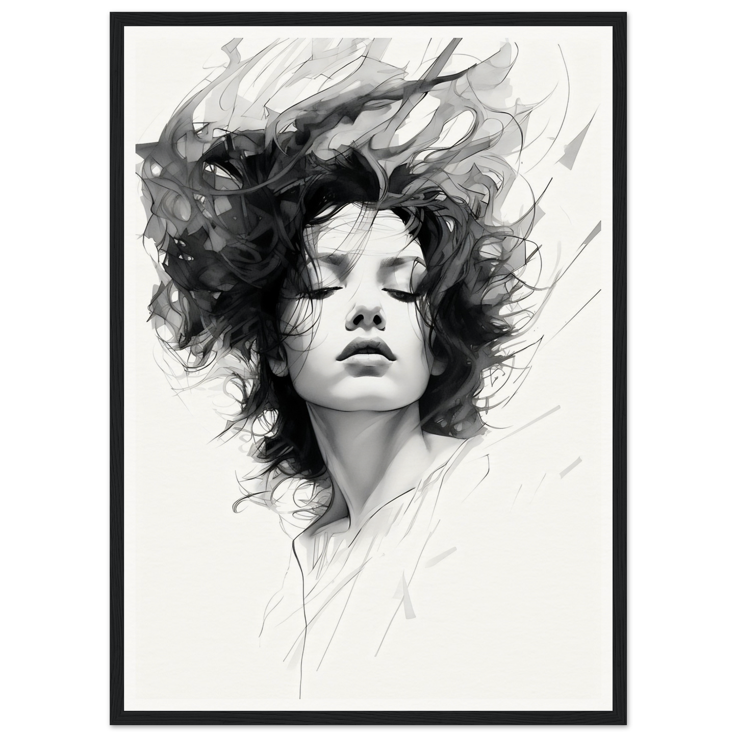 A black and white photo of a woman with her hair blowing in the wind