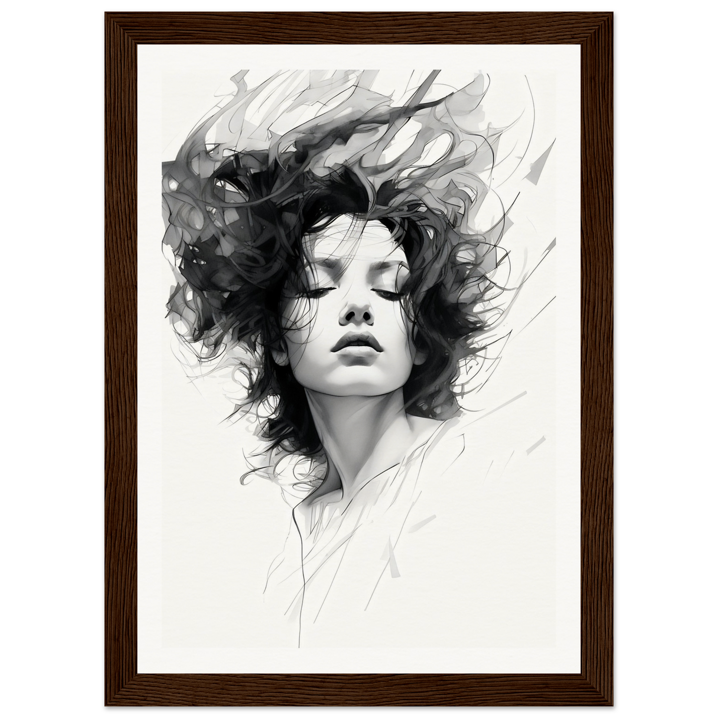 A black and white photo of a woman with her hair blowing in the wind