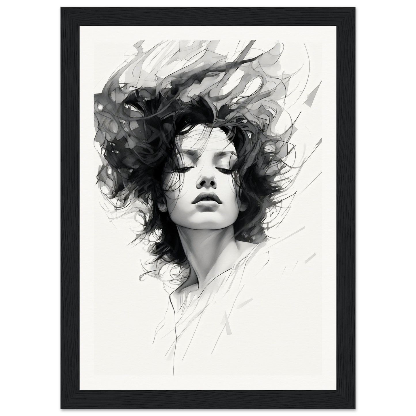 A black and white photo of a woman with her hair blowing in the wind