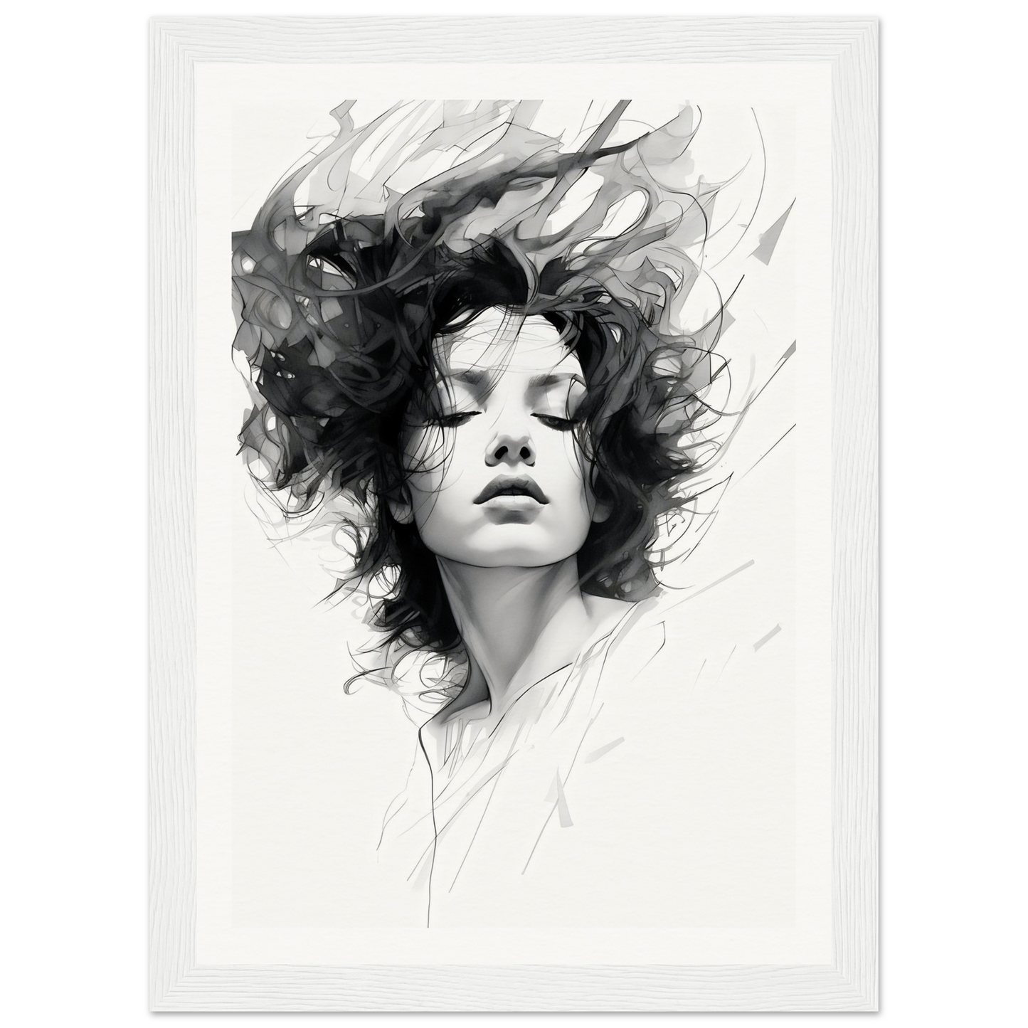 A black and white photo of a woman with her hair blowing in the wind
