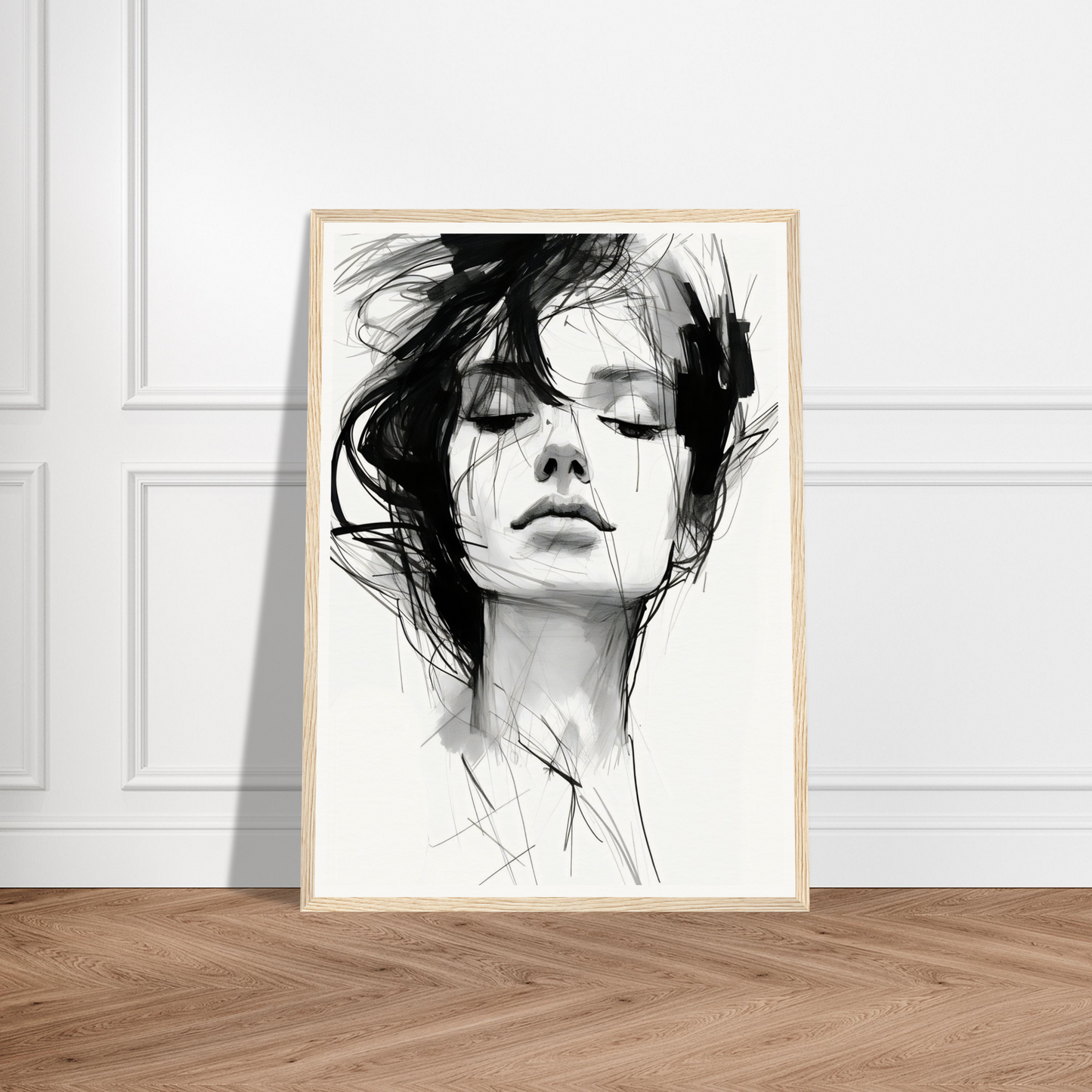 A black and white portrait of a woman with her hair blowing in the wind