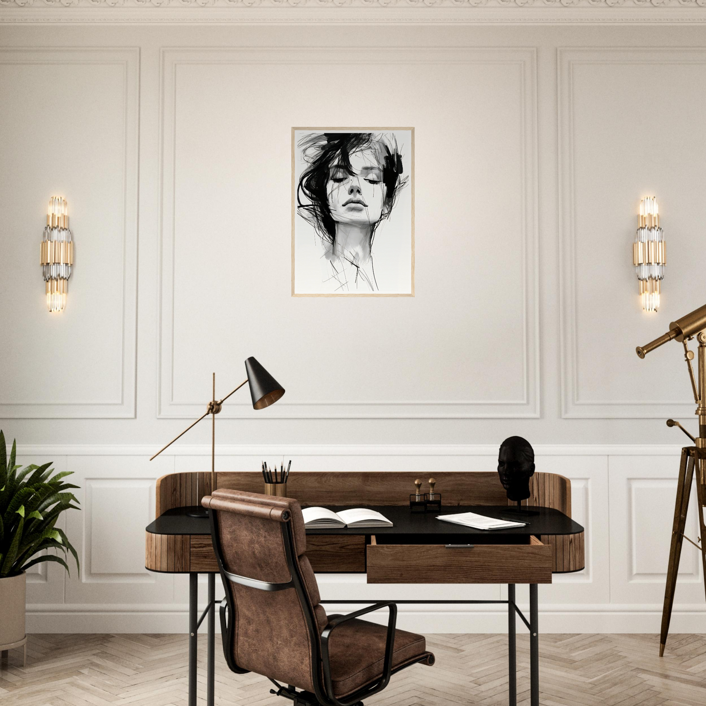 A black and white portrait of a woman on a wall above a desk