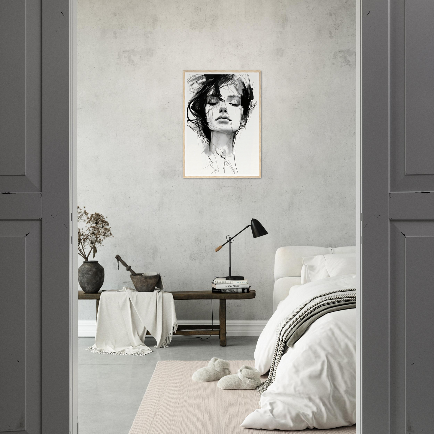 A black and white portrait of a woman on a wall