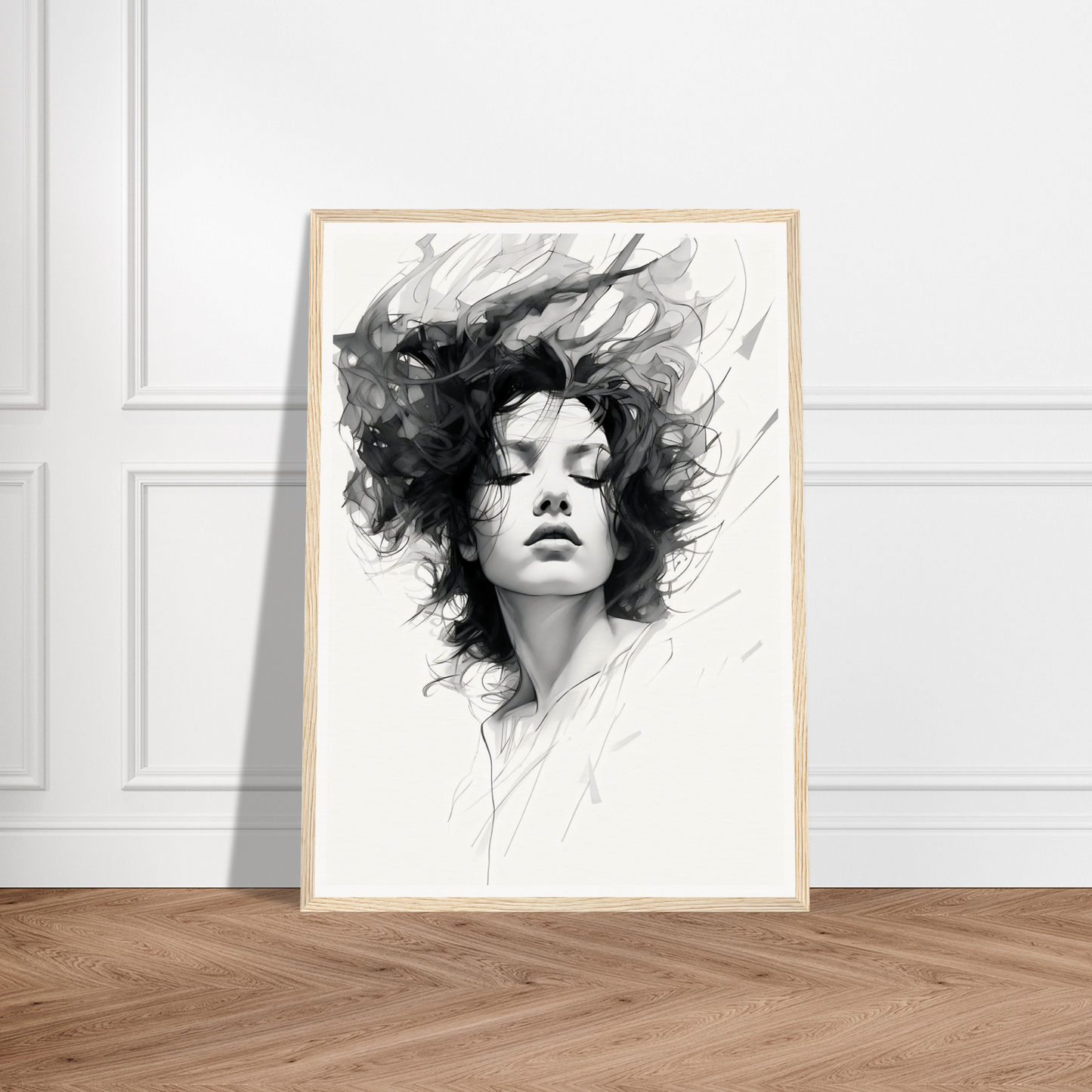 A black and white portrait of a woman with a messy hair