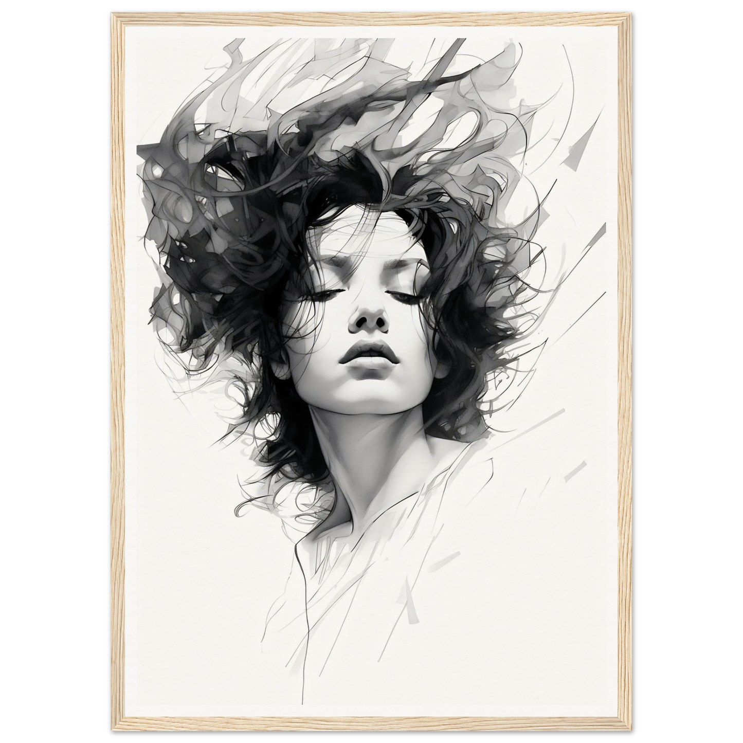 A black and white drawing of a woman with her hair blowing in the wind