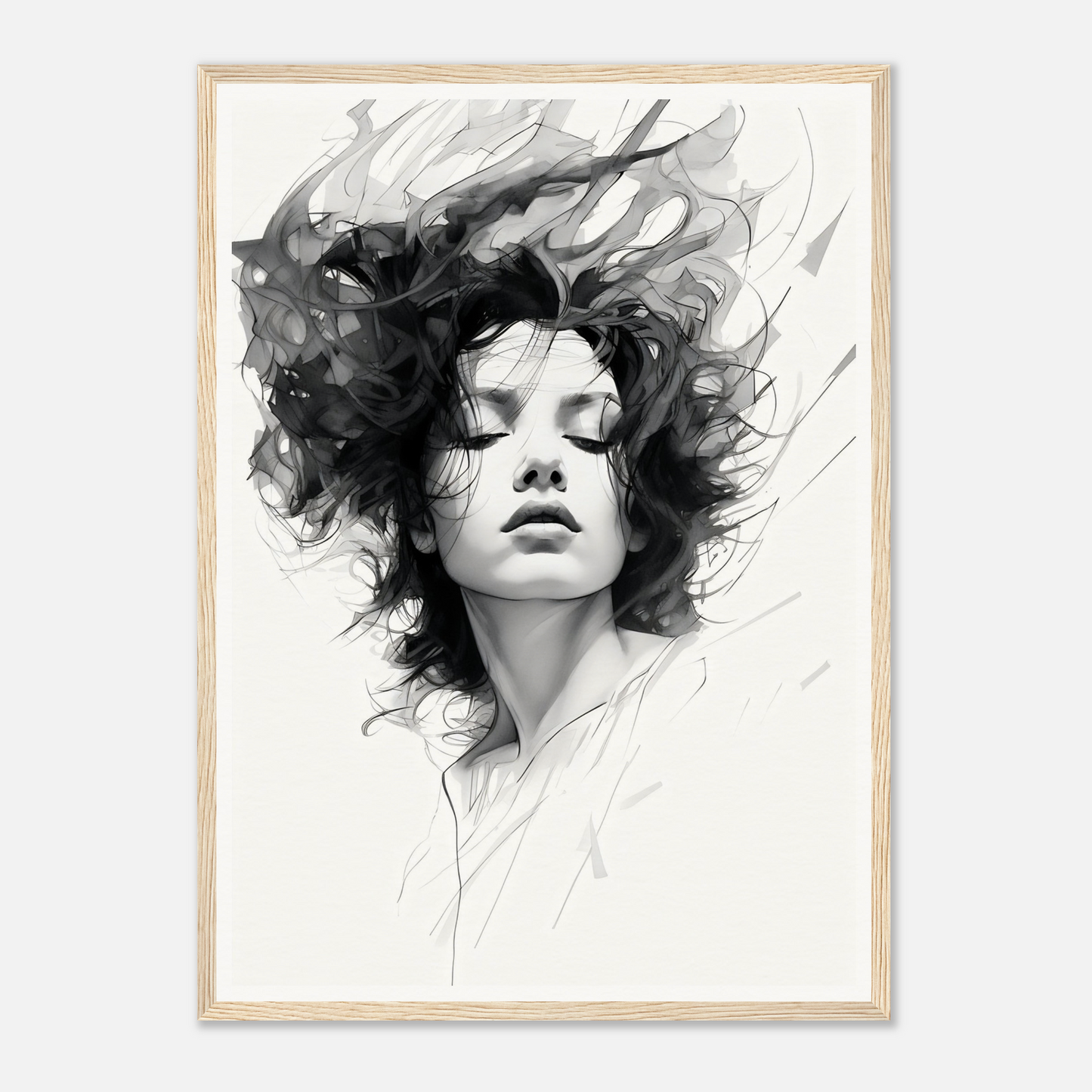 A black and white drawing of a woman with her hair blowing in the wind