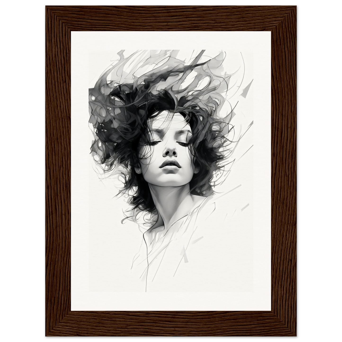 A black and white drawing of a woman’s face