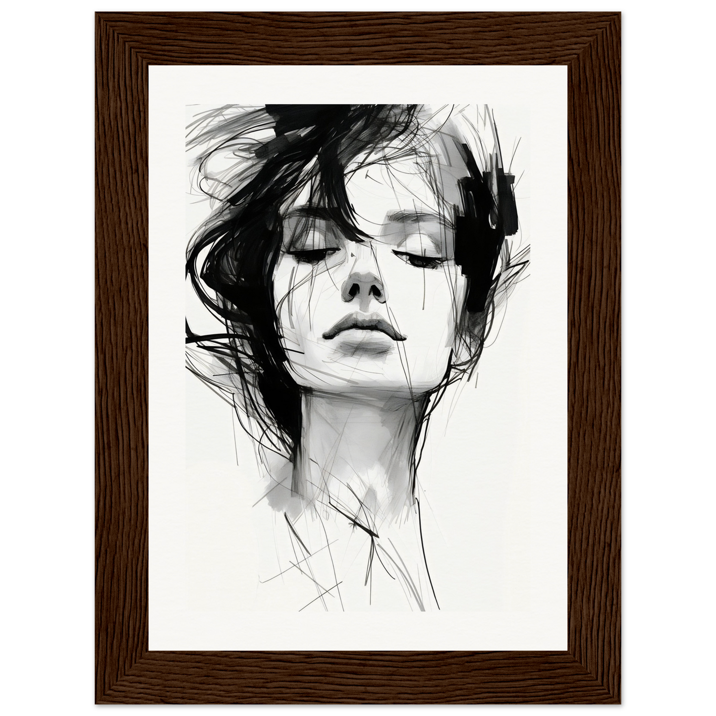A black and white drawing of a woman’s face