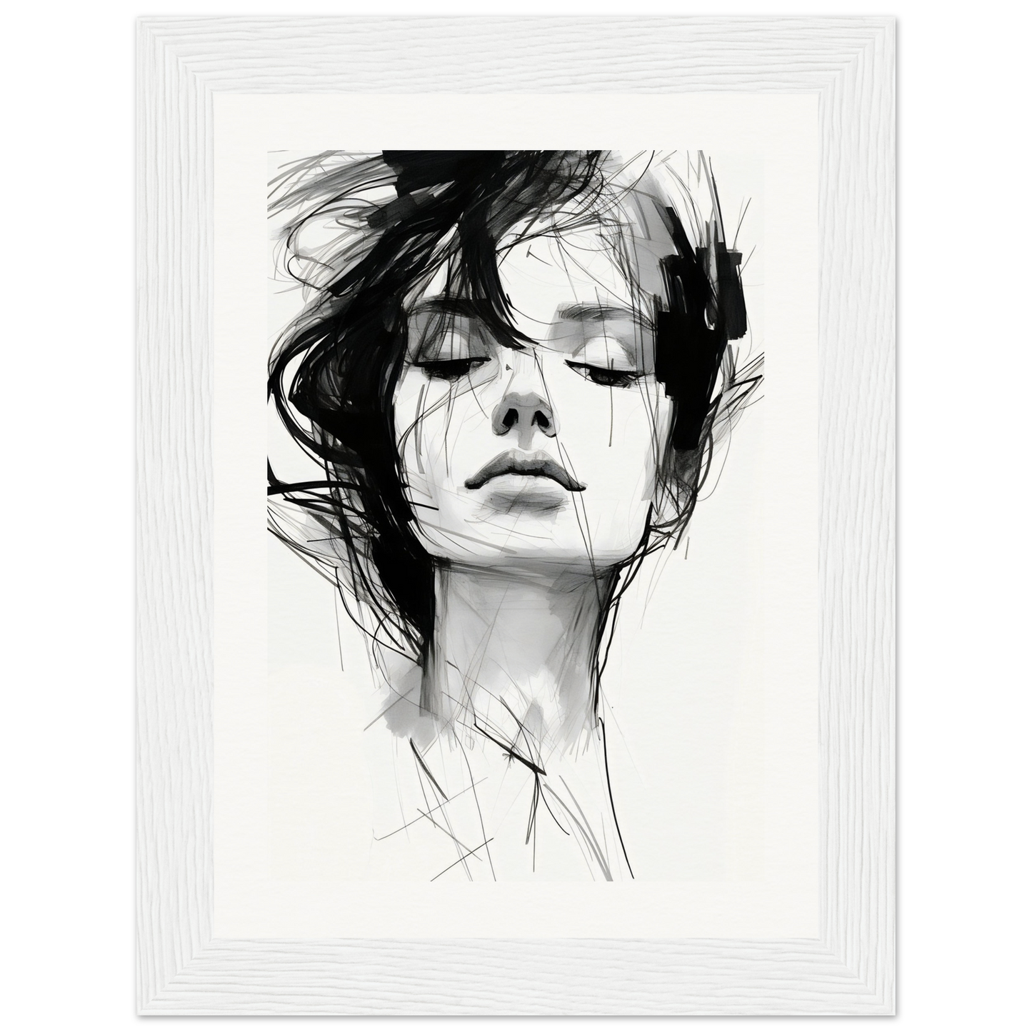 A black and white drawing of a woman’s face