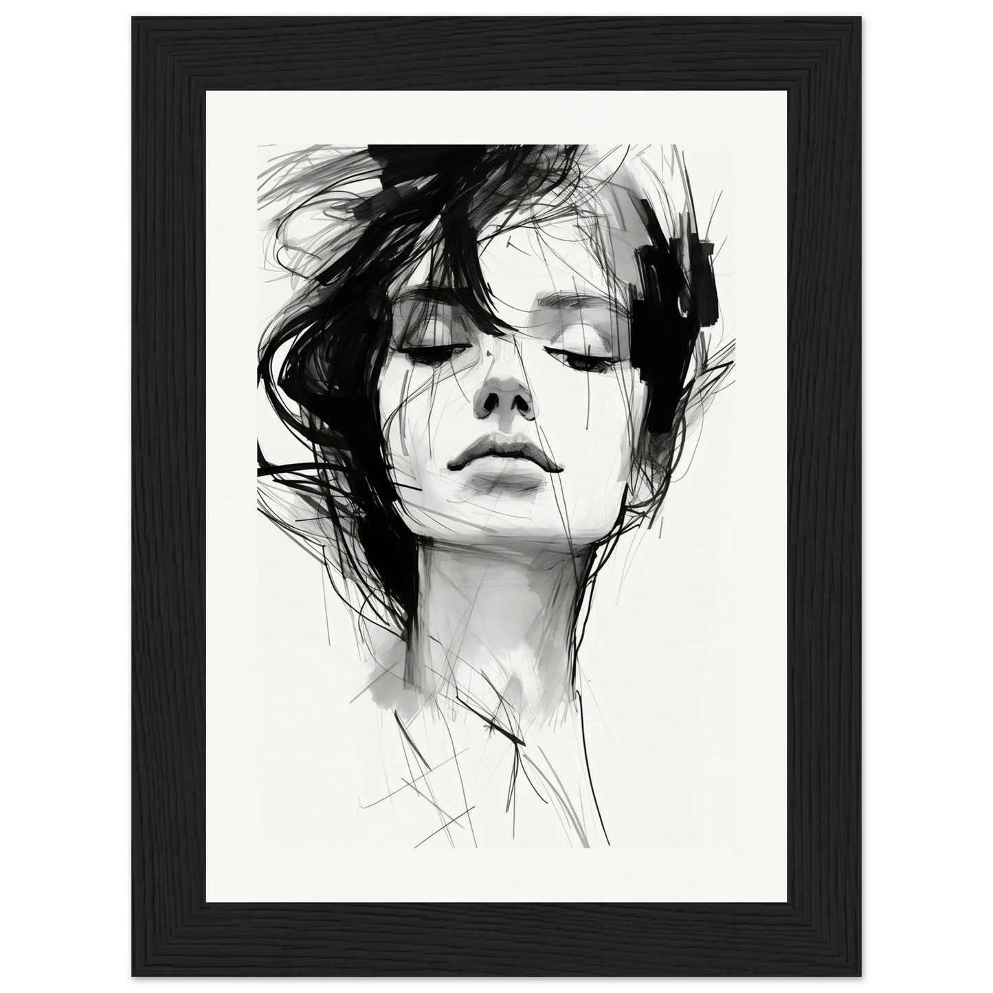 A black and white drawing of a woman’s face