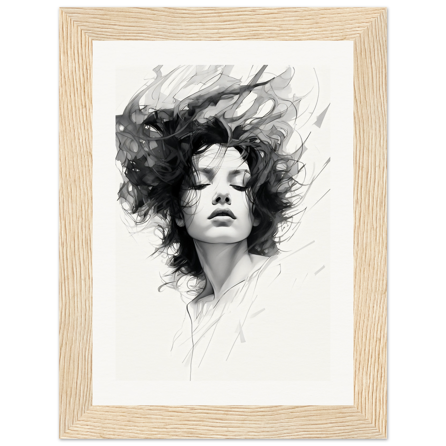 A black and white drawing of a woman’s face