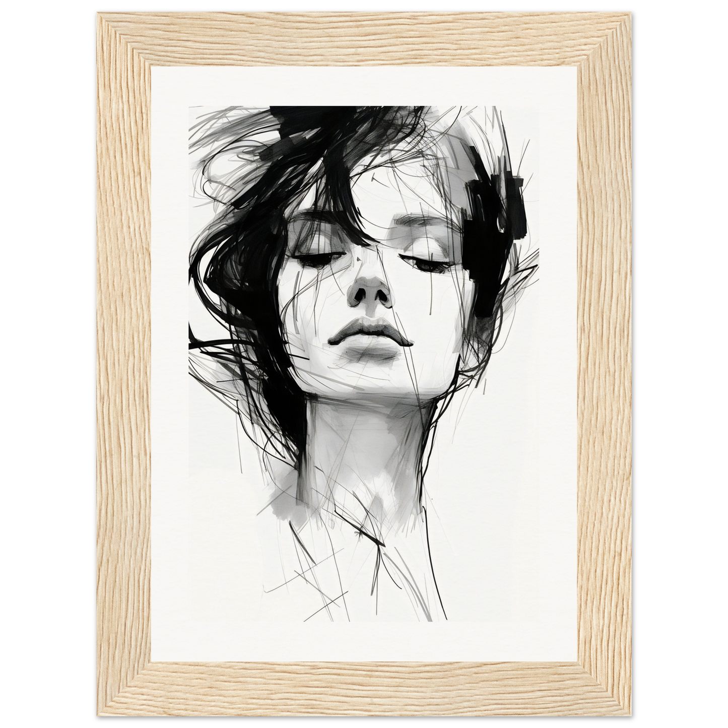 A black and white drawing of a woman’s face