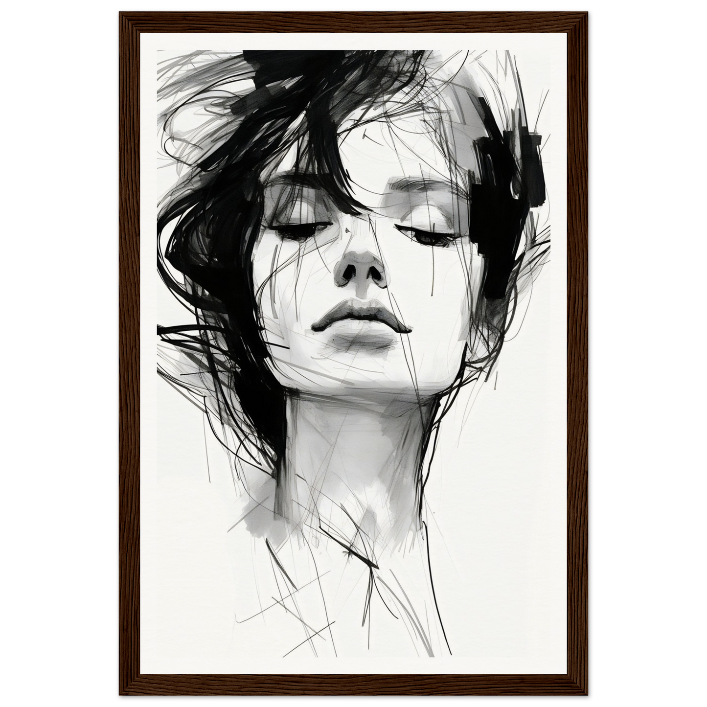 A black and white drawing of a woman’s face