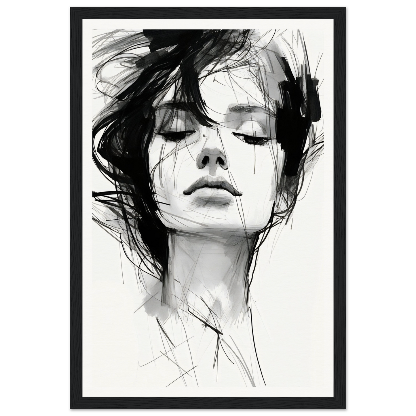 A black and white drawing of a woman’s face