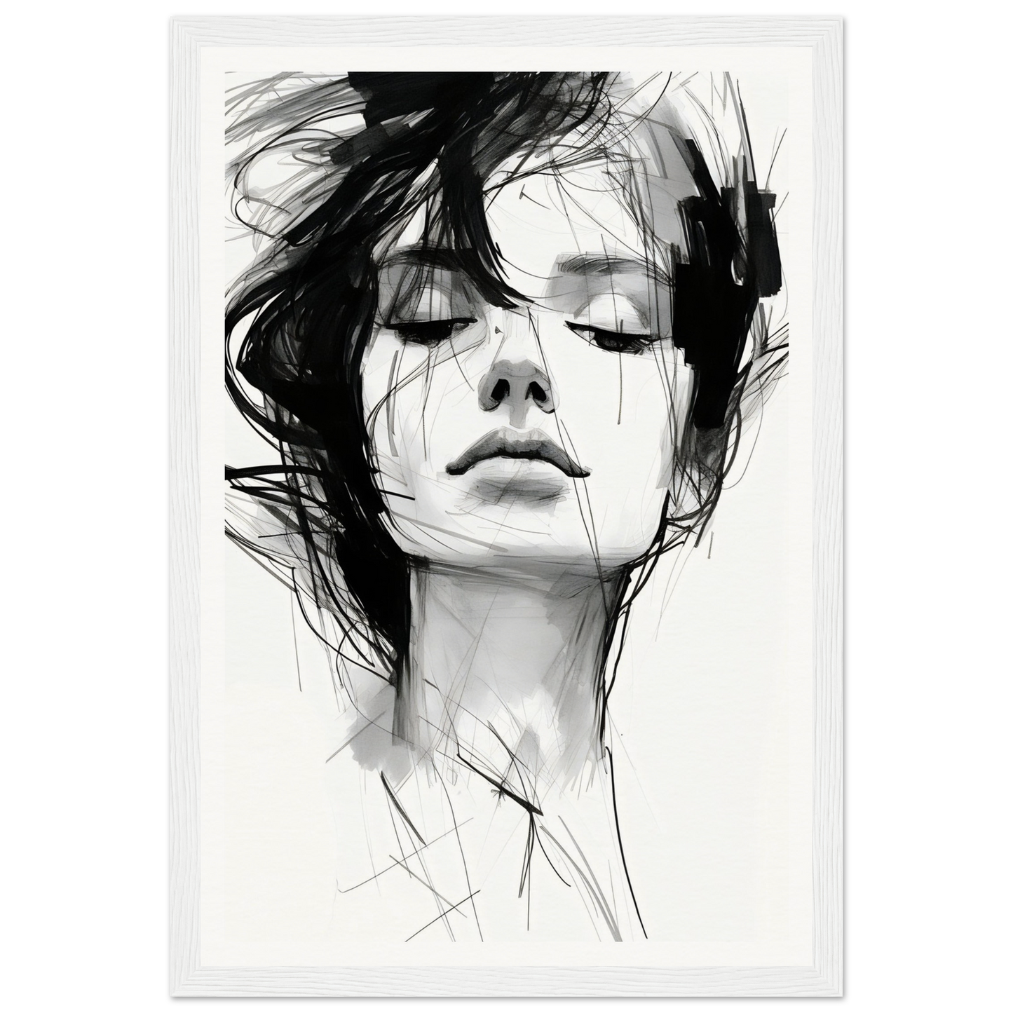 A black and white drawing of a woman’s face