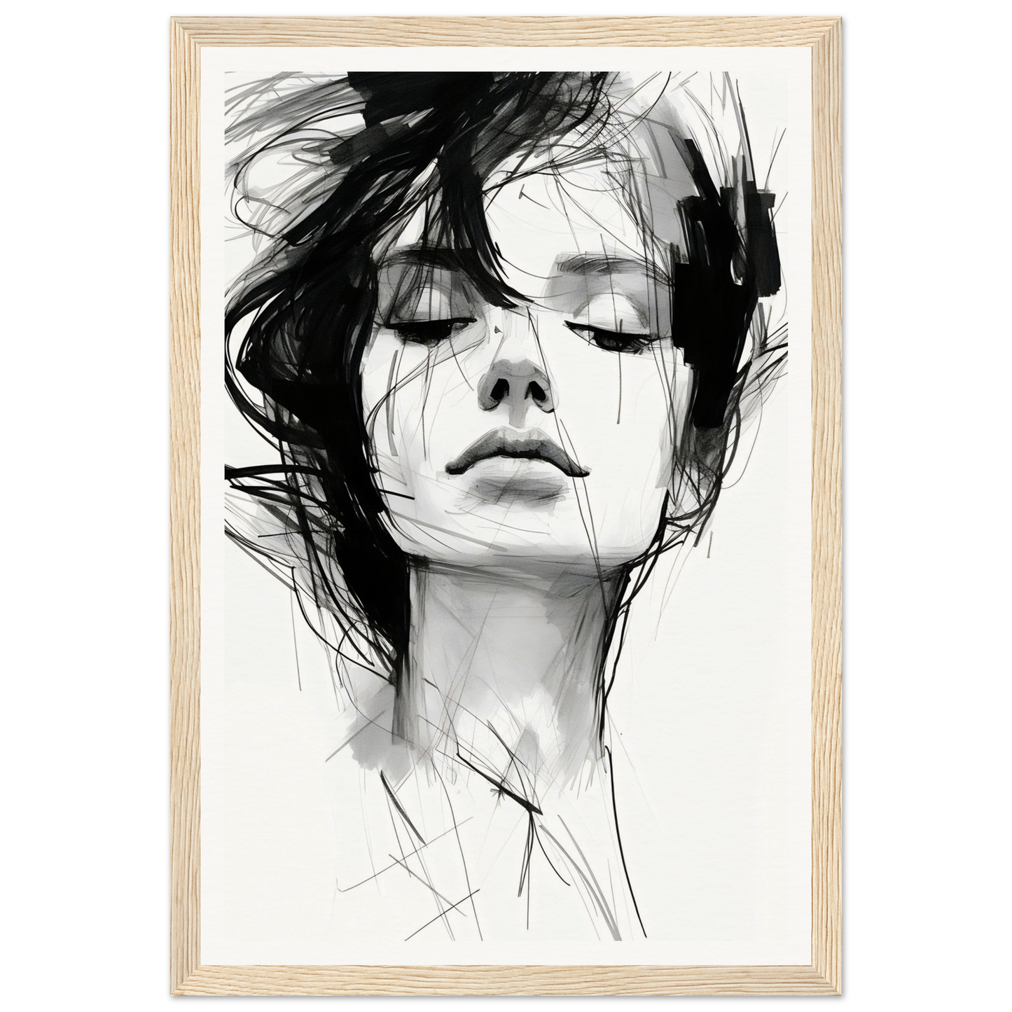 A black and white drawing of a woman’s face