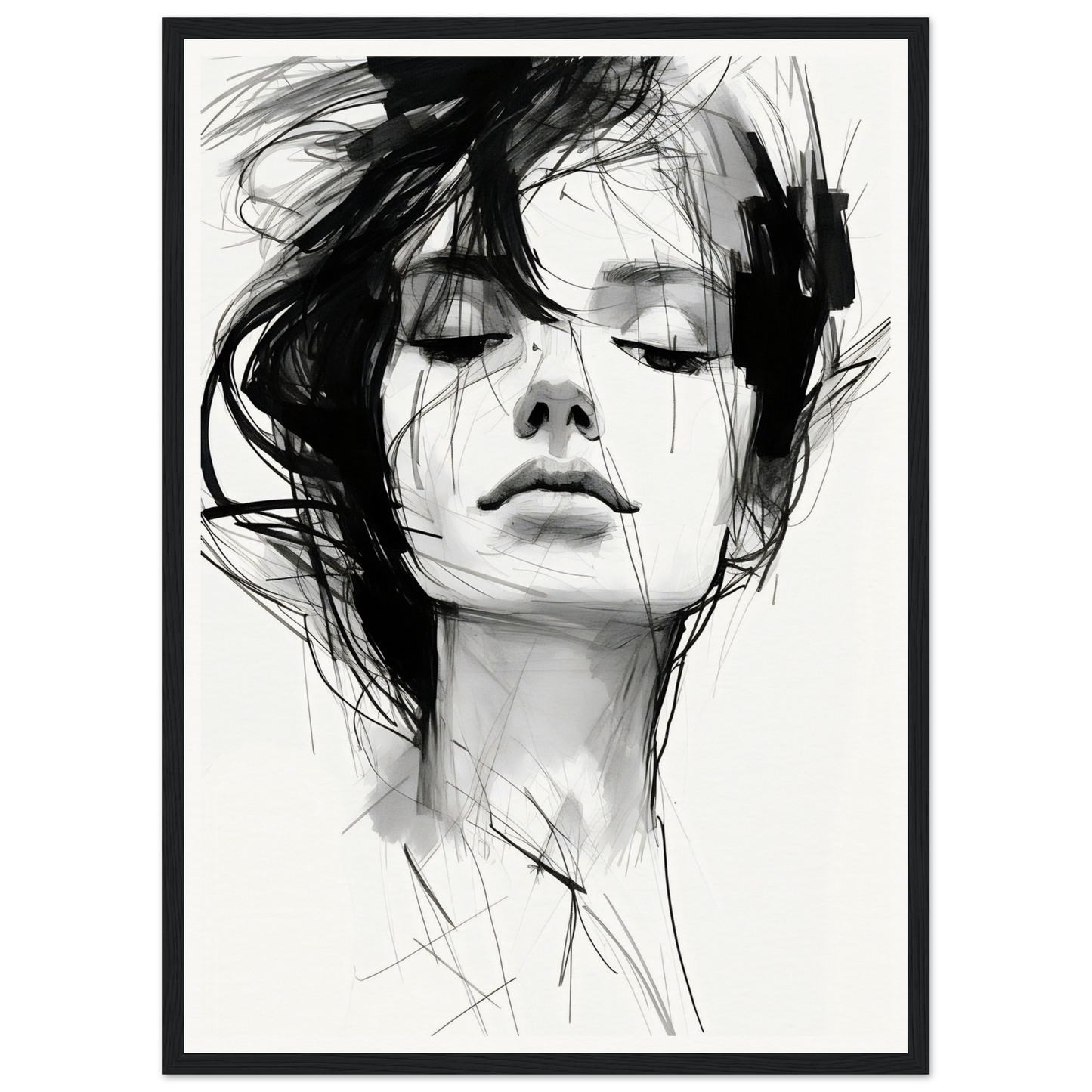 A black and white drawing of a woman’s face