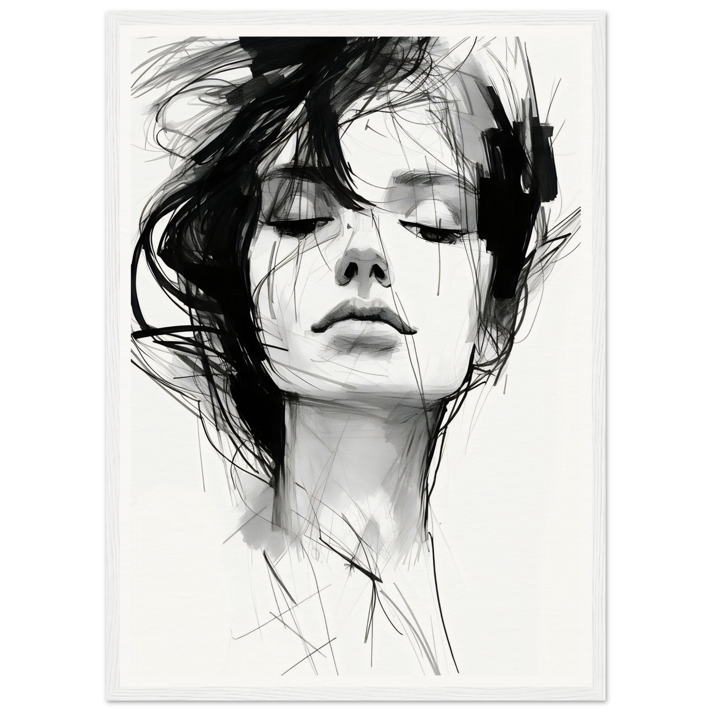 A black and white drawing of a woman’s face