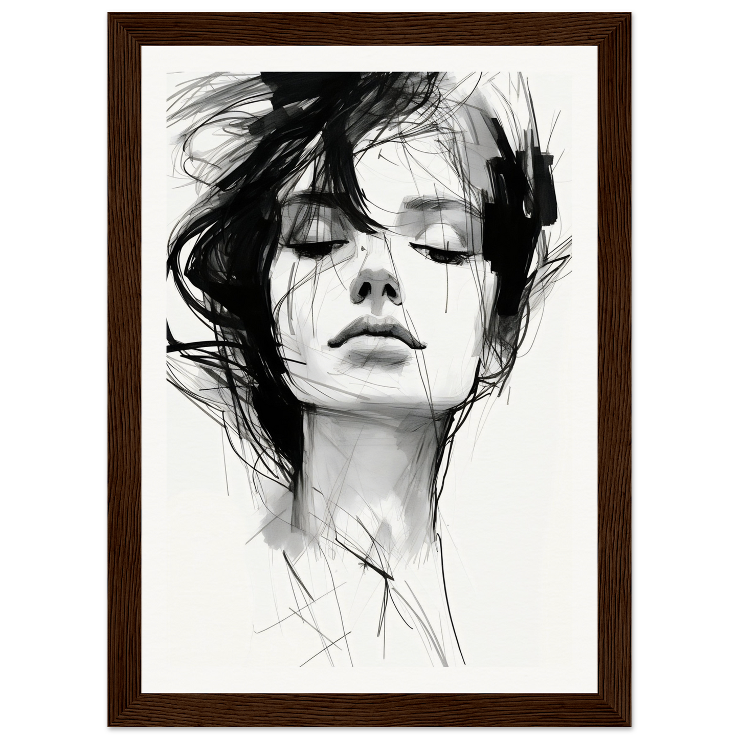 A black and white drawing of a woman’s face