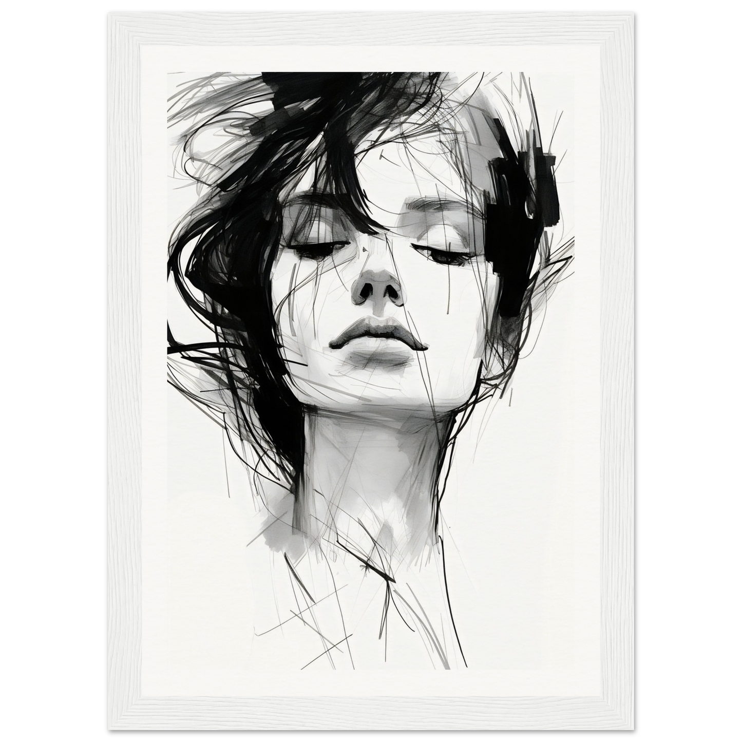 A black and white drawing of a woman’s face