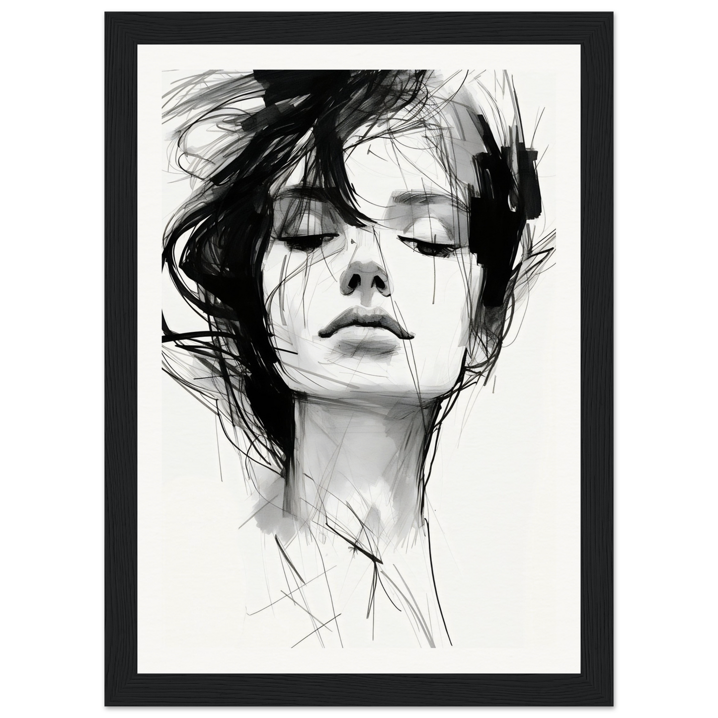 A black and white drawing of a woman’s face