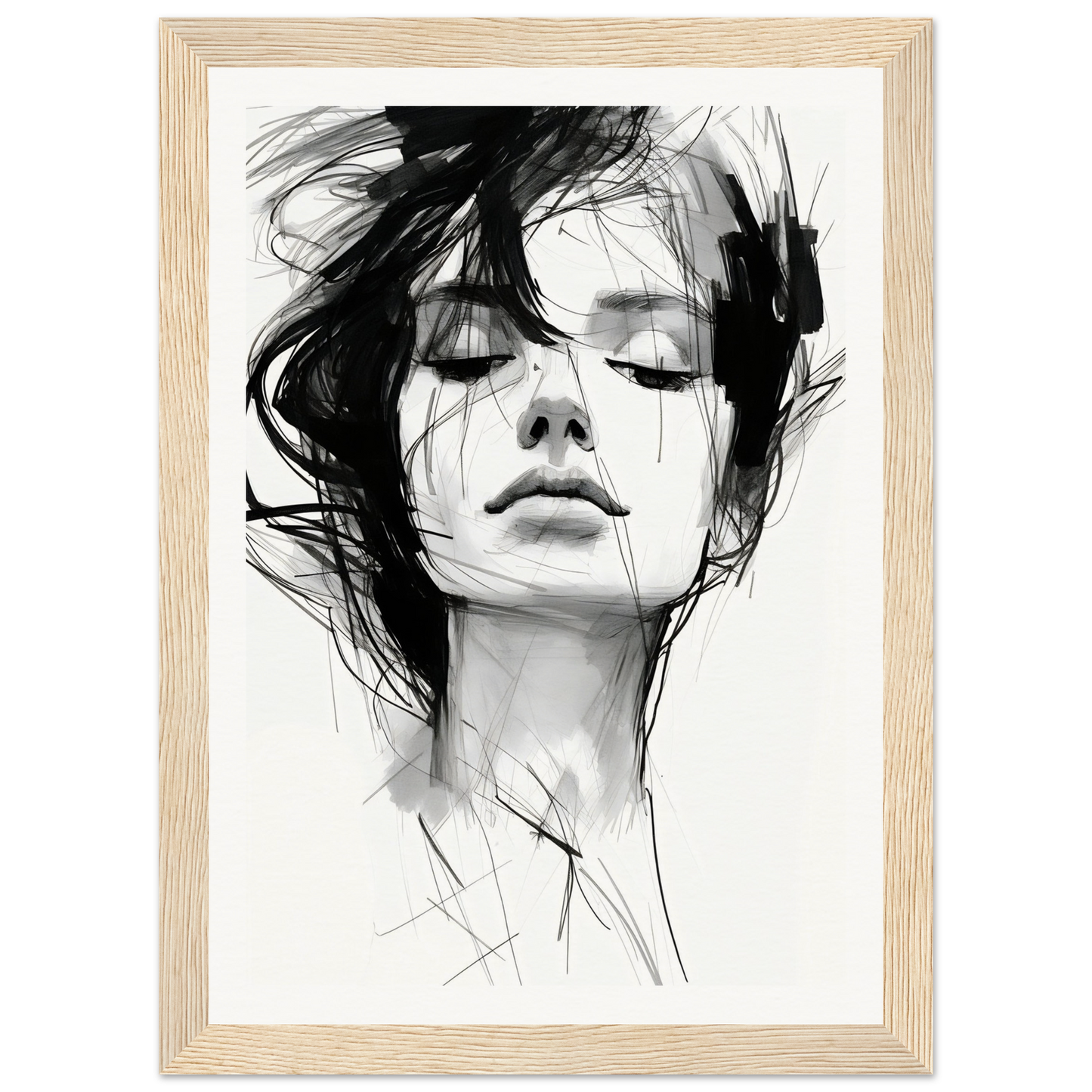 A black and white drawing of a woman’s face