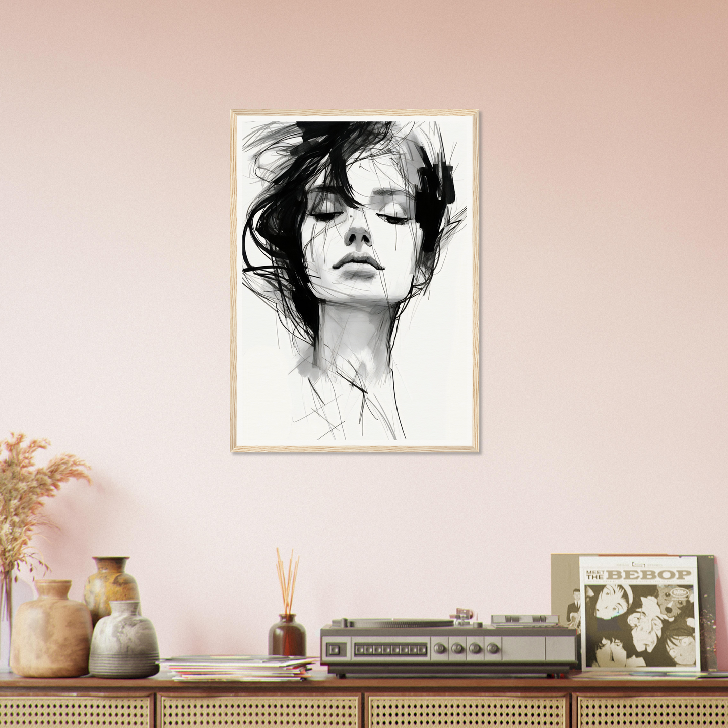 A black and white drawing of a woman’s face