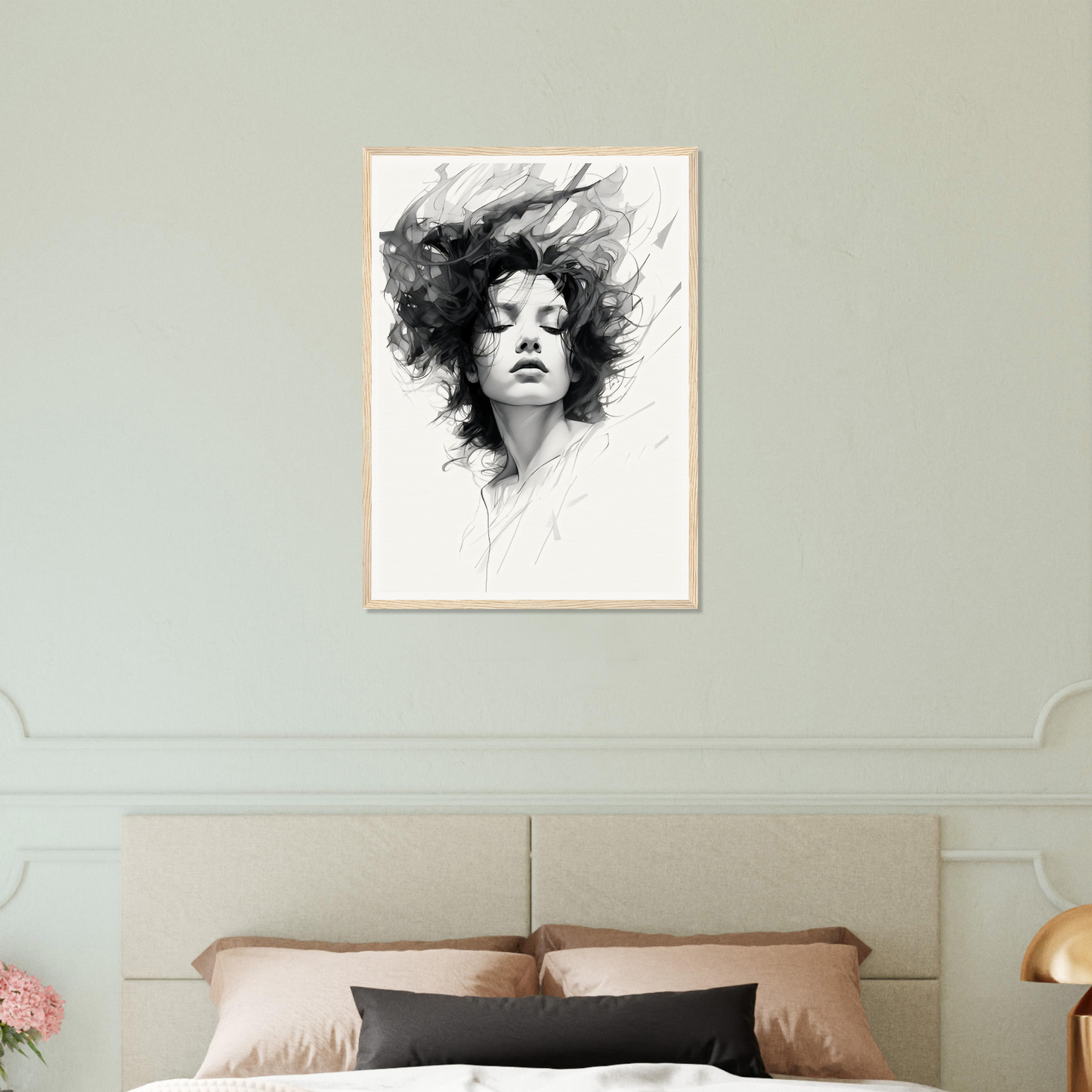 A black and white drawing of a woman’s face on a wall above a bed