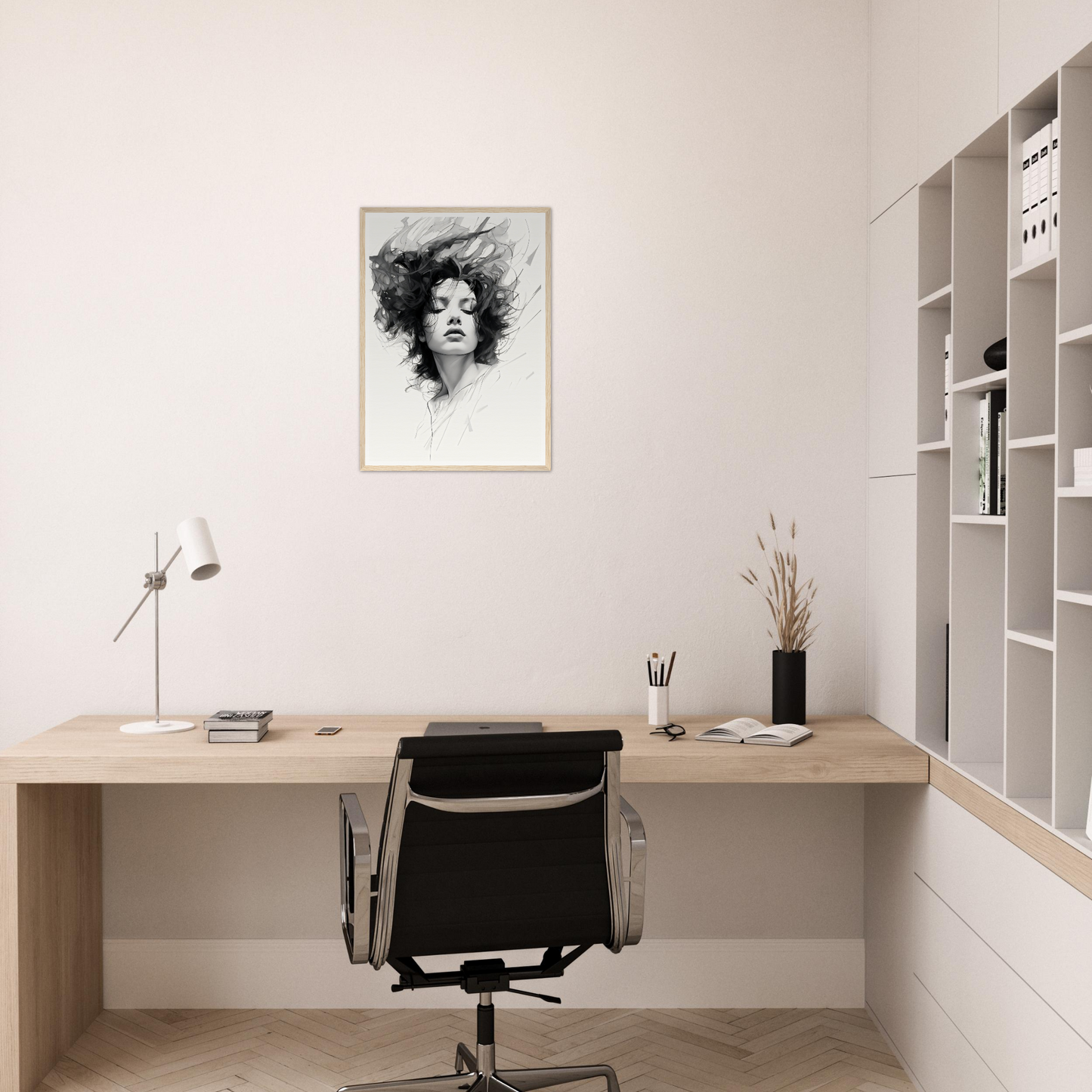 A black and white drawing of a woman’s face on a white background framed in a white wall