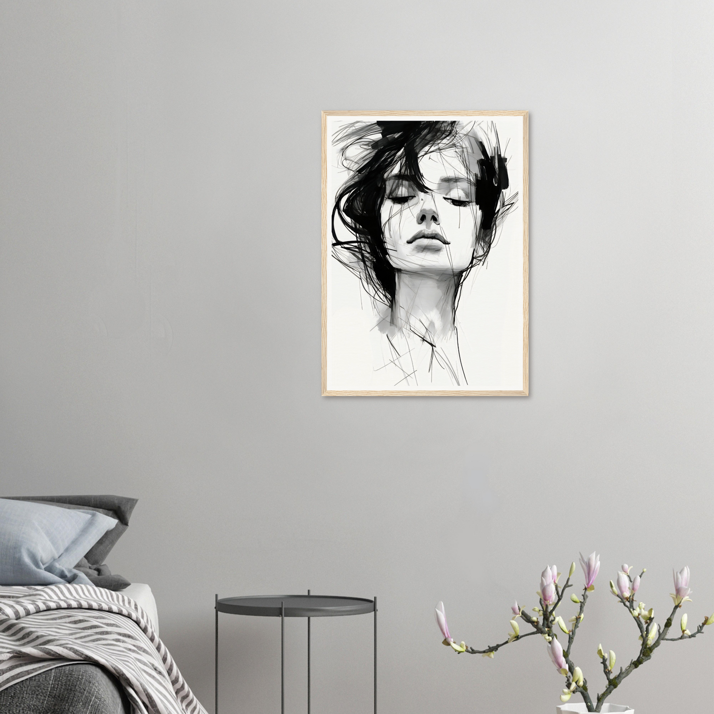 A black and white drawing of a woman’s face
