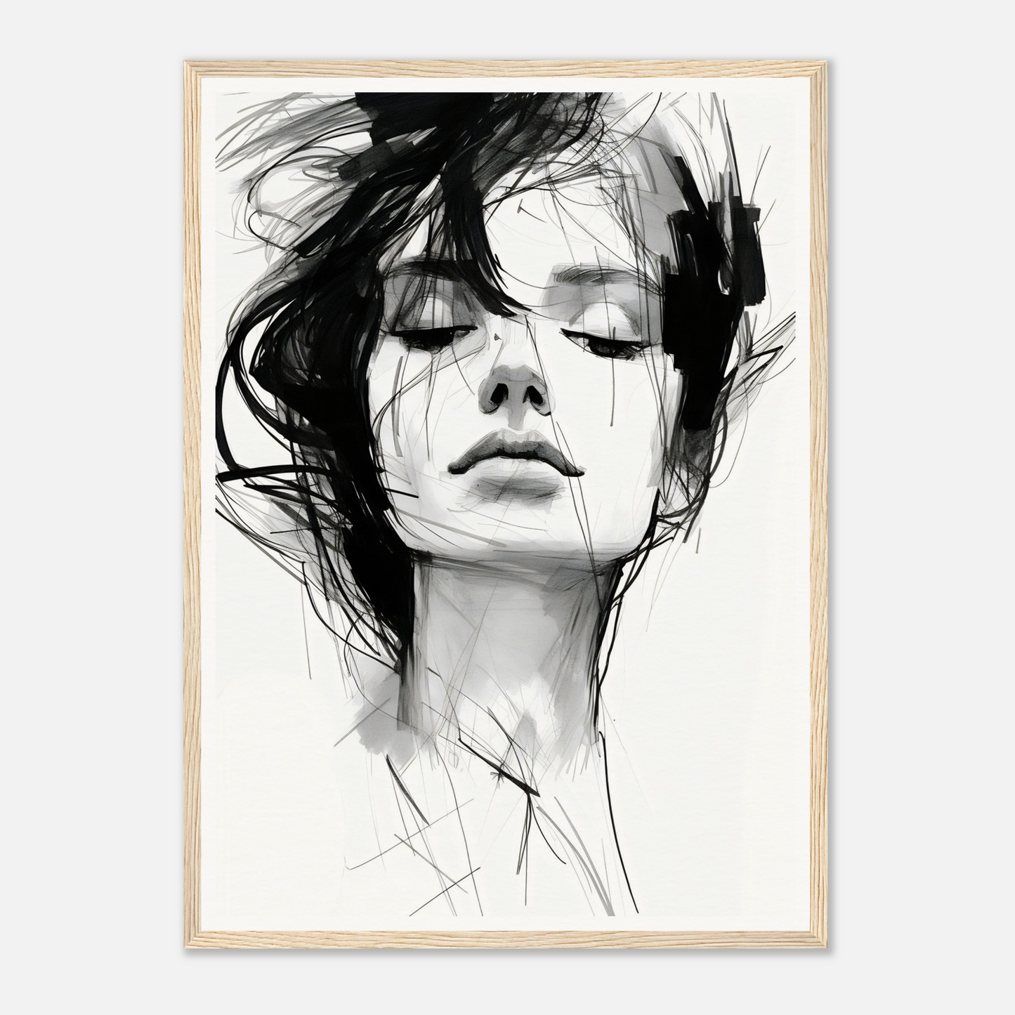 A black and white drawing of a woman’s face