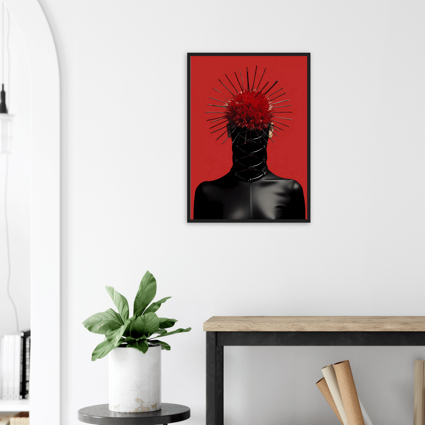 A black woman with red hair and a red background