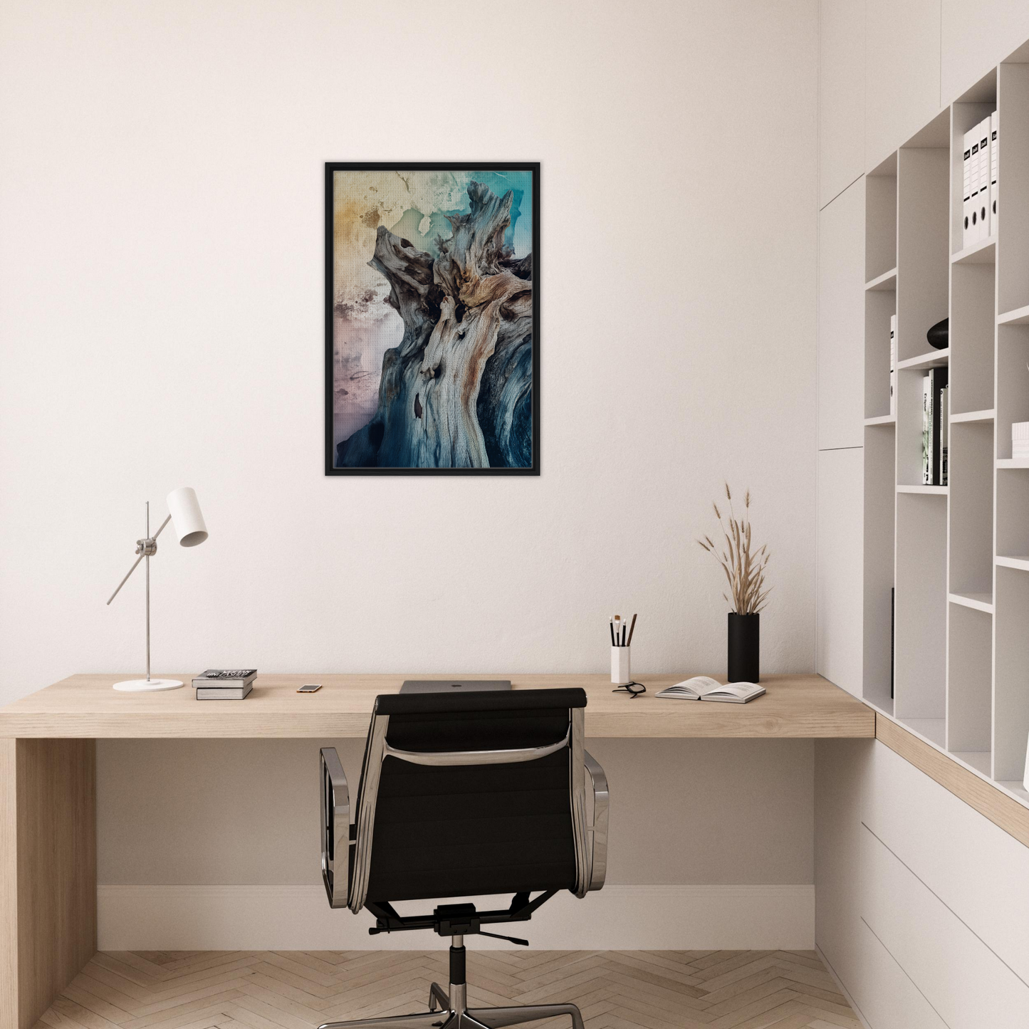 Modern home office featuring bleached resilient whispers decor and minimalist design