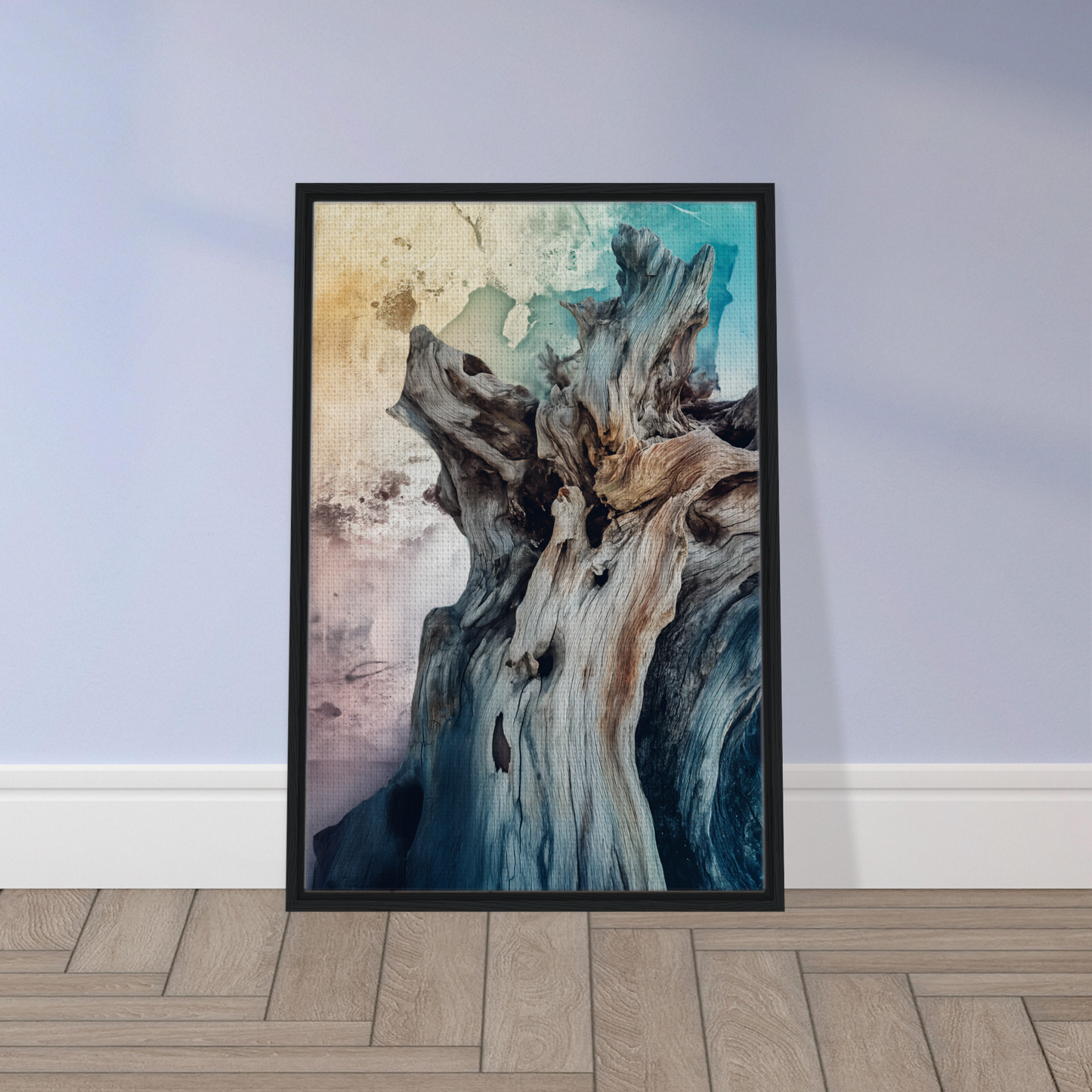 Framed abstract painting in blue, brown, and white for Bleached Resilient Whispers room decor