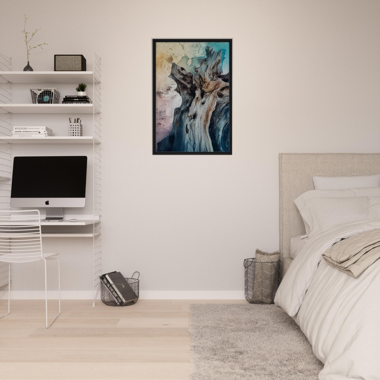 Abstract painting in blue, gray, and beige tones, perfect for Bleached Resilient Whispers room decor