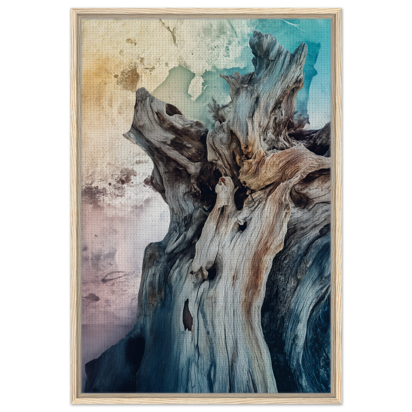 Gnarled driftwood with unique textures in Bleached Resilient Whispers framed canvas print