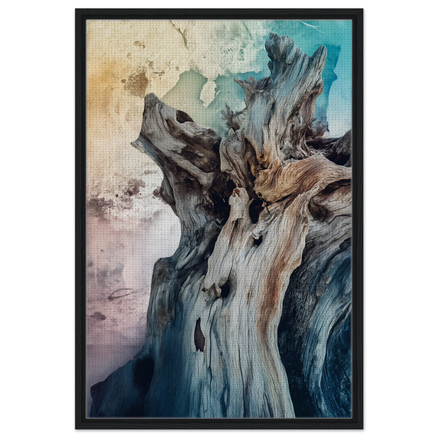 Abstract painting of a gnarled tree trunk featured in Bleached Resilient Whispers framed canvas print