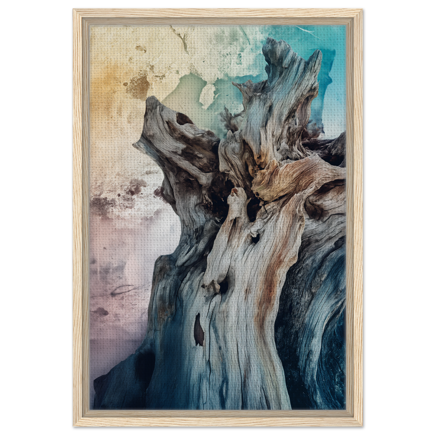 Abstract painting of a twisted tree form in muted tones for Bleached Resilient Whispers room decor