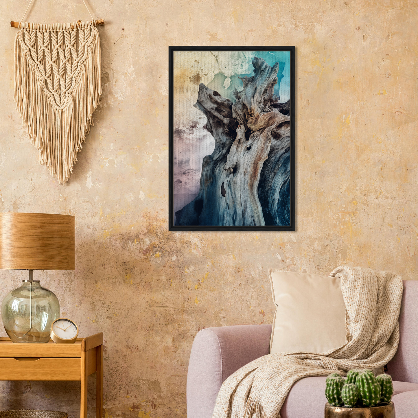 Abstract painting with fluid shapes in muted tones for Bleached Resilient Whispers room decor